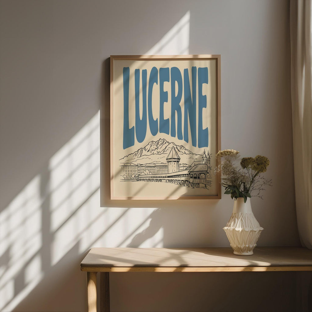Lucerne Switzerland Wall Art, Framed Canvas Print, Minimalist Travel Decor