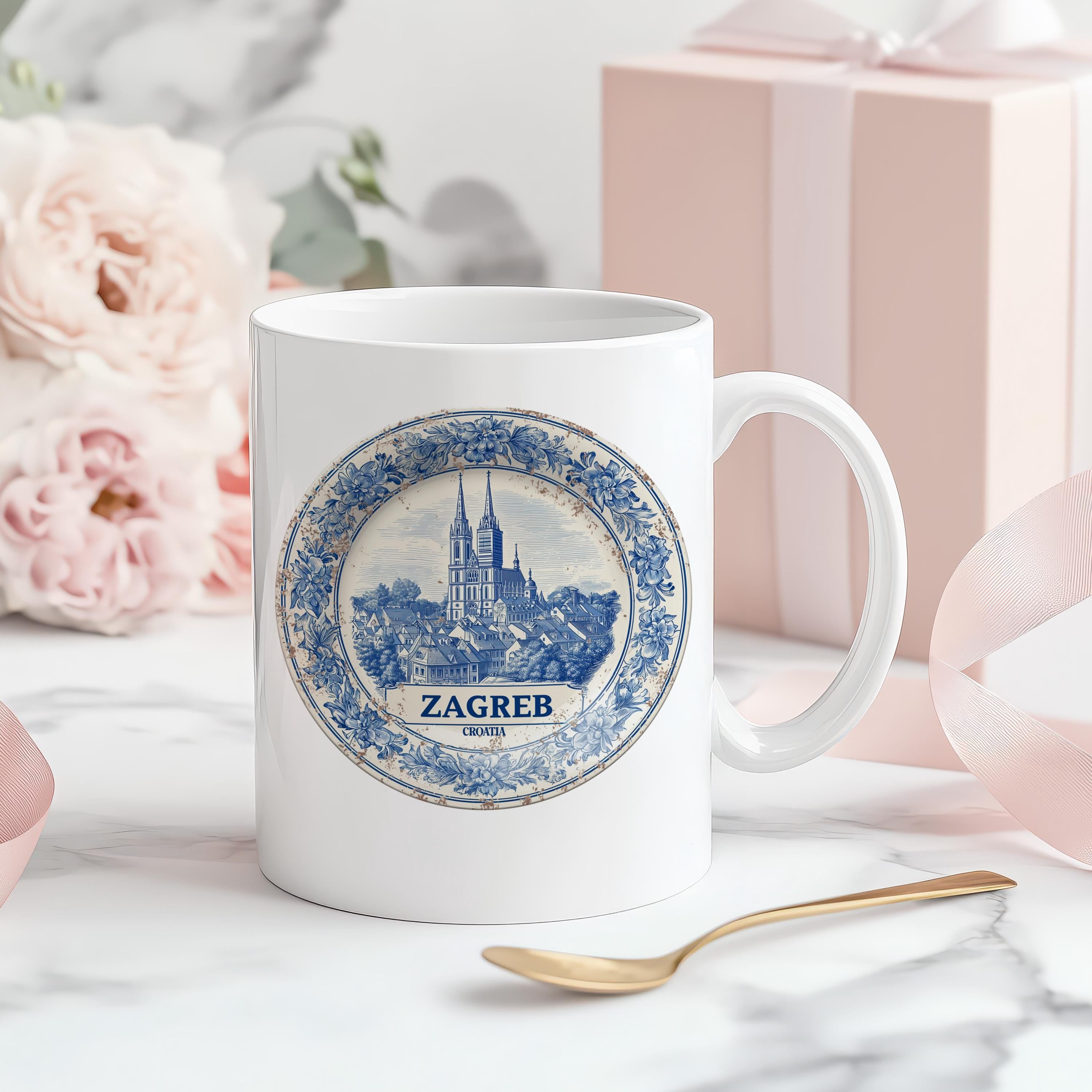 Zagreb Croatia Mug, Custom Delft Style cup, Personalized Vintage Travel City Gift