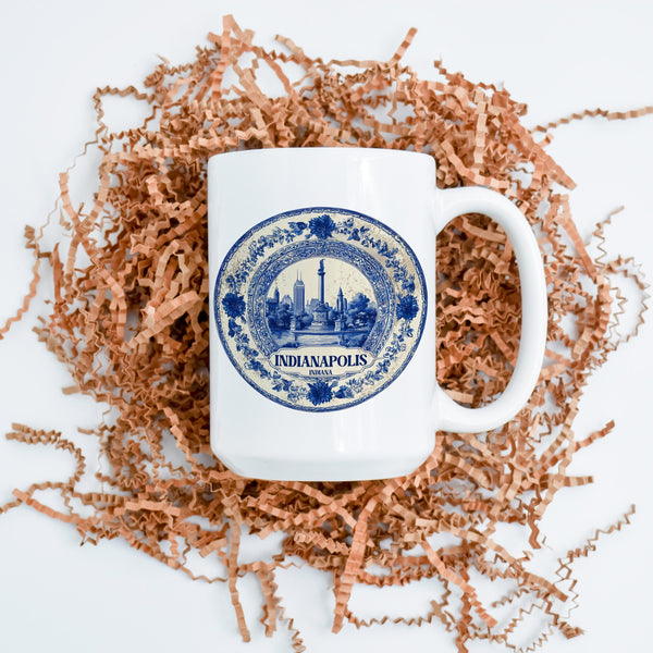 Indianapolis Indiana Mug, Custom Delft Style cup, Personalized Vintage Travel City Gift
