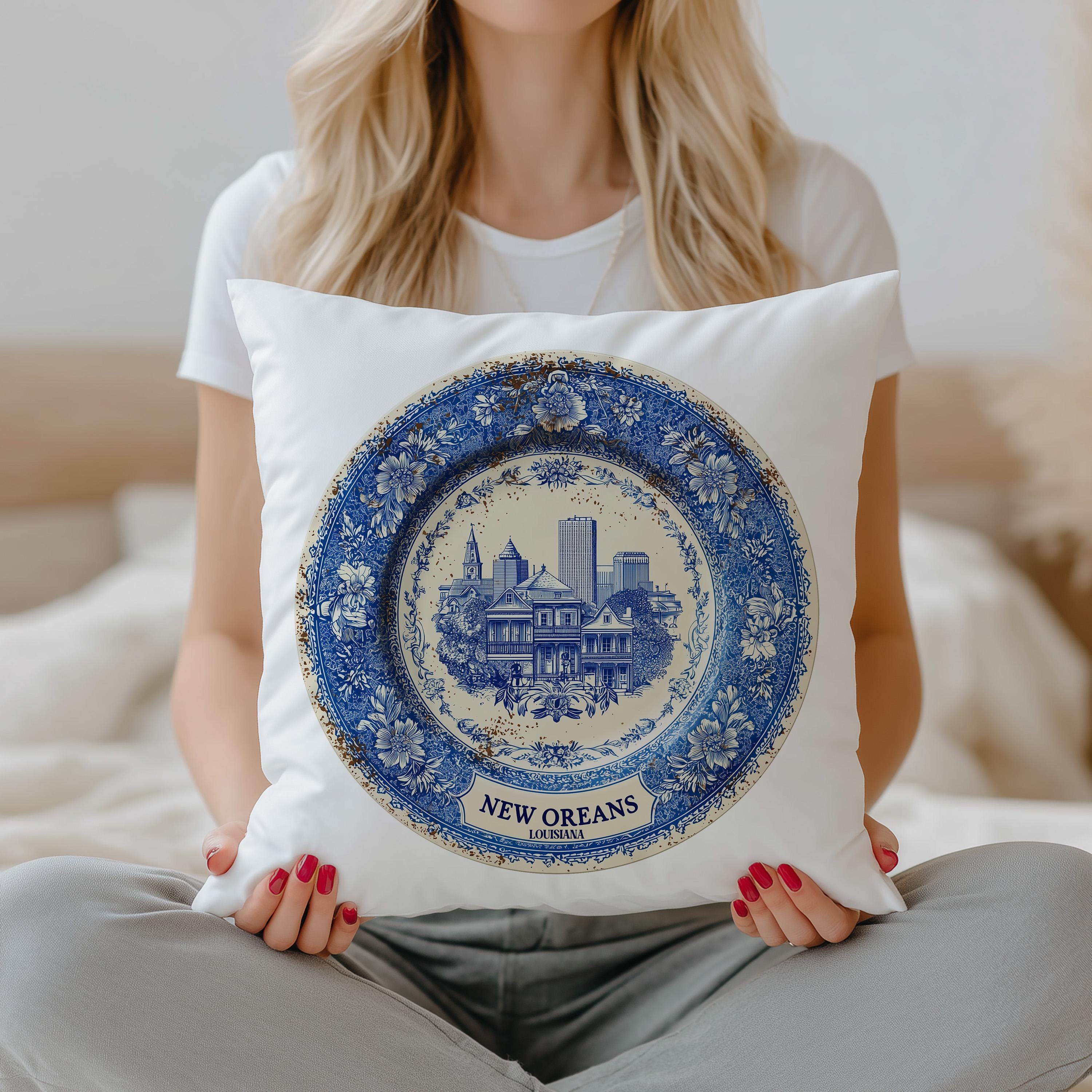 New Orleans Louisiana Pillowcase, Delft Style Decorative Throw Pillow, Vintage Cityscape Retro Home Decor