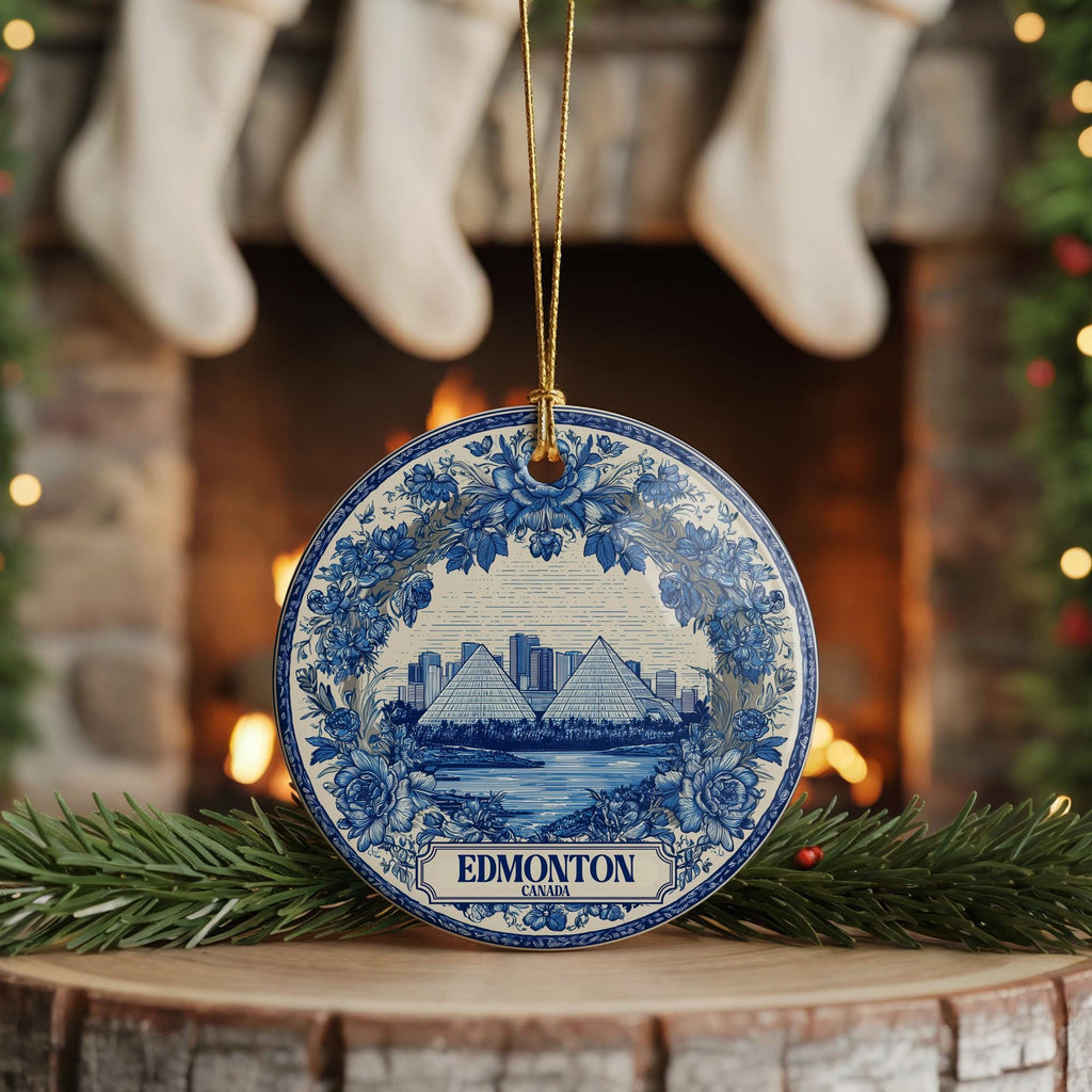 Custom Edmonton Canada Ceramic Delft Ornament, Christmas Delftware Blue Delftware city travel