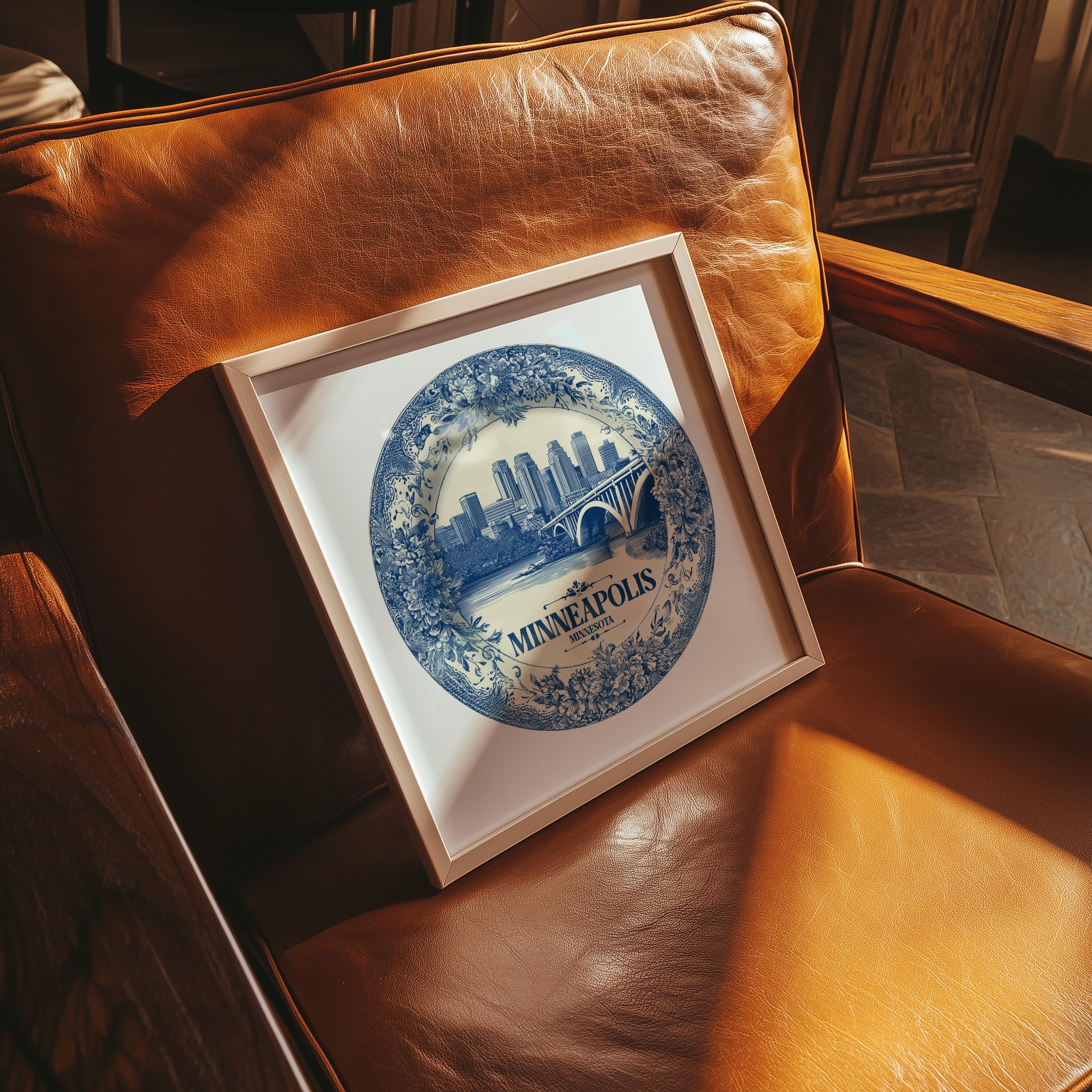 Minneapolis Minnesota Wall Art, Vintage Delft Blue Poster, City Print, Travel Home Decor