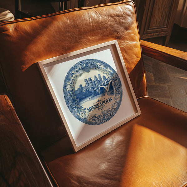 Minneapolis Minnesota Wall Art, Vintage Delft Blue Poster, City Print, Travel Home Decor
