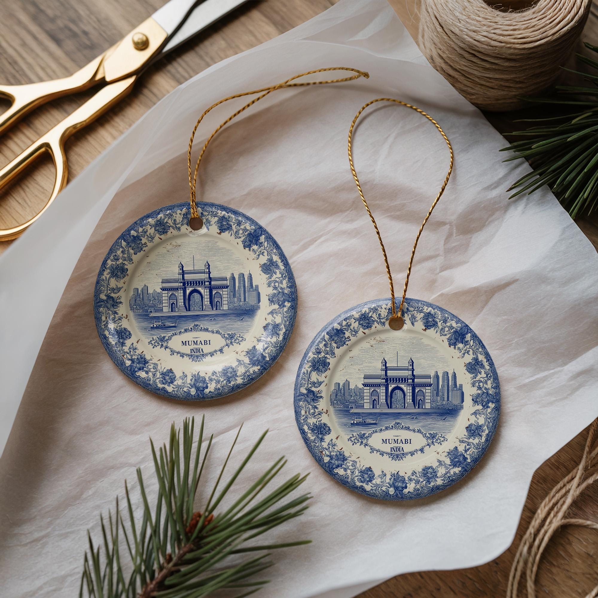 Custom Mumbai India Ceramic Delft Ornament, Christmas Delftware Blue Delftware city travel