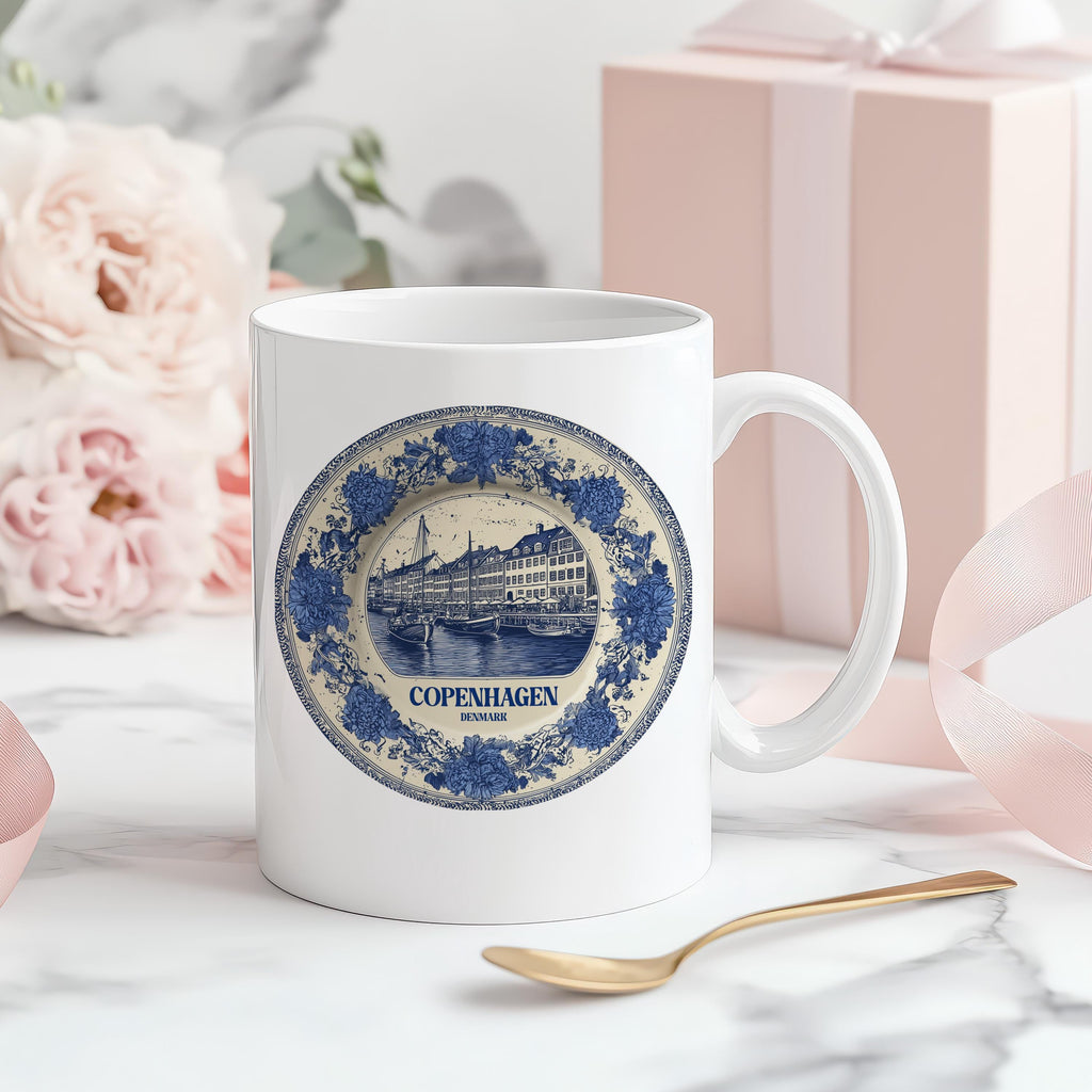Copenhagen Denmark Mug, Custom Delft Style cup, Personalized Vintage Travel City Gift