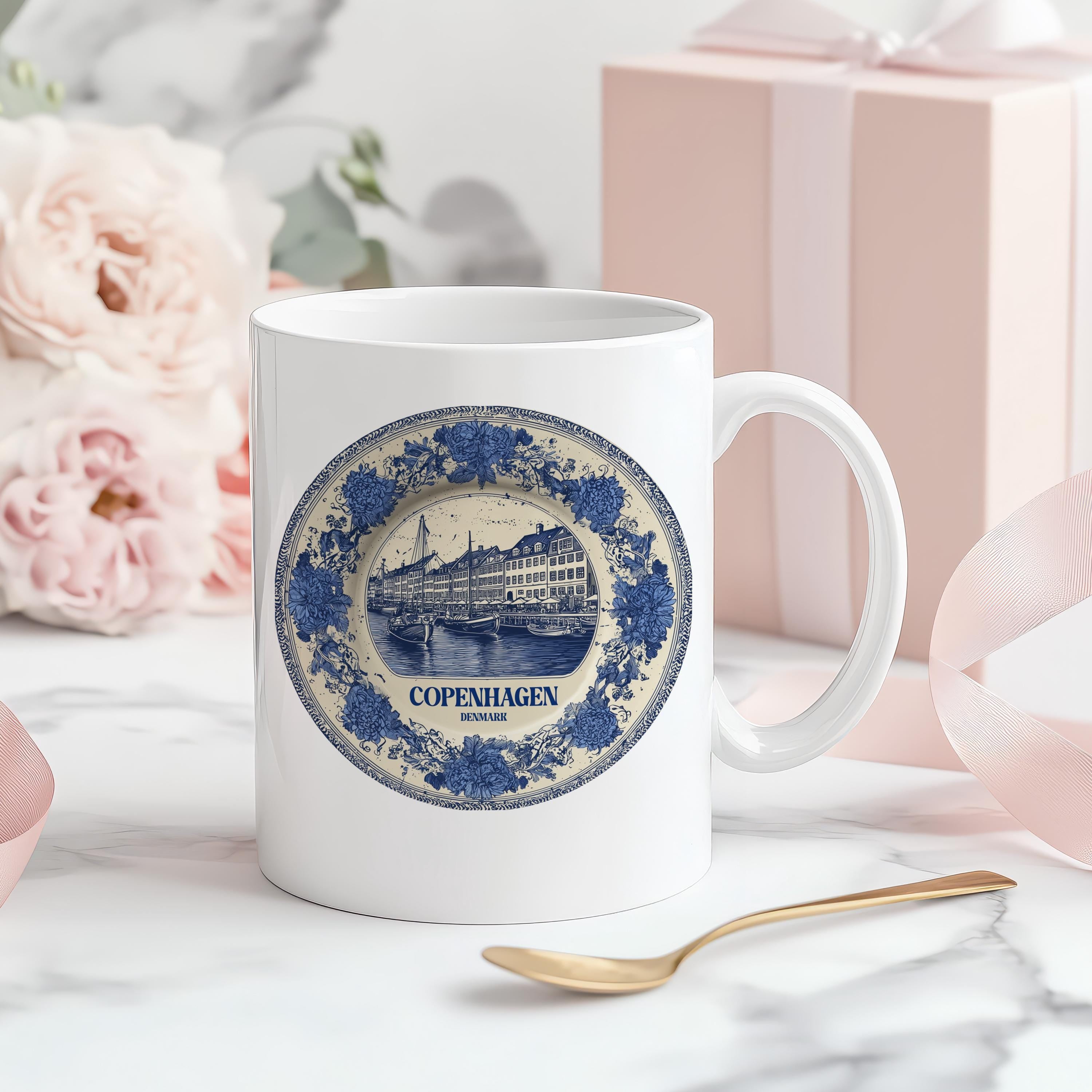 Copenhagen Denmark Mug, Custom Delft Style cup, Personalized Vintage Travel City Gift