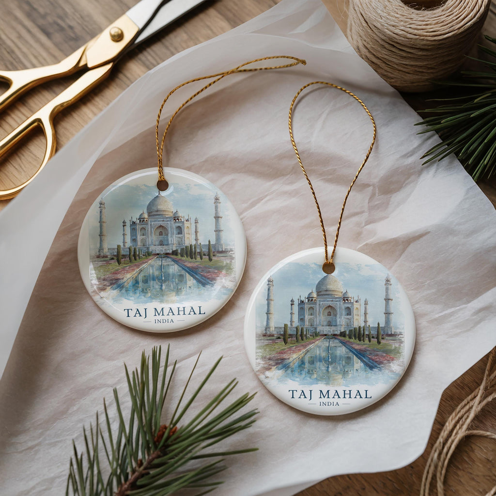 Taj Mahal India Personalized Watercolor Ornament, Custom Ceramic Christmas gift, Travel Keepsake