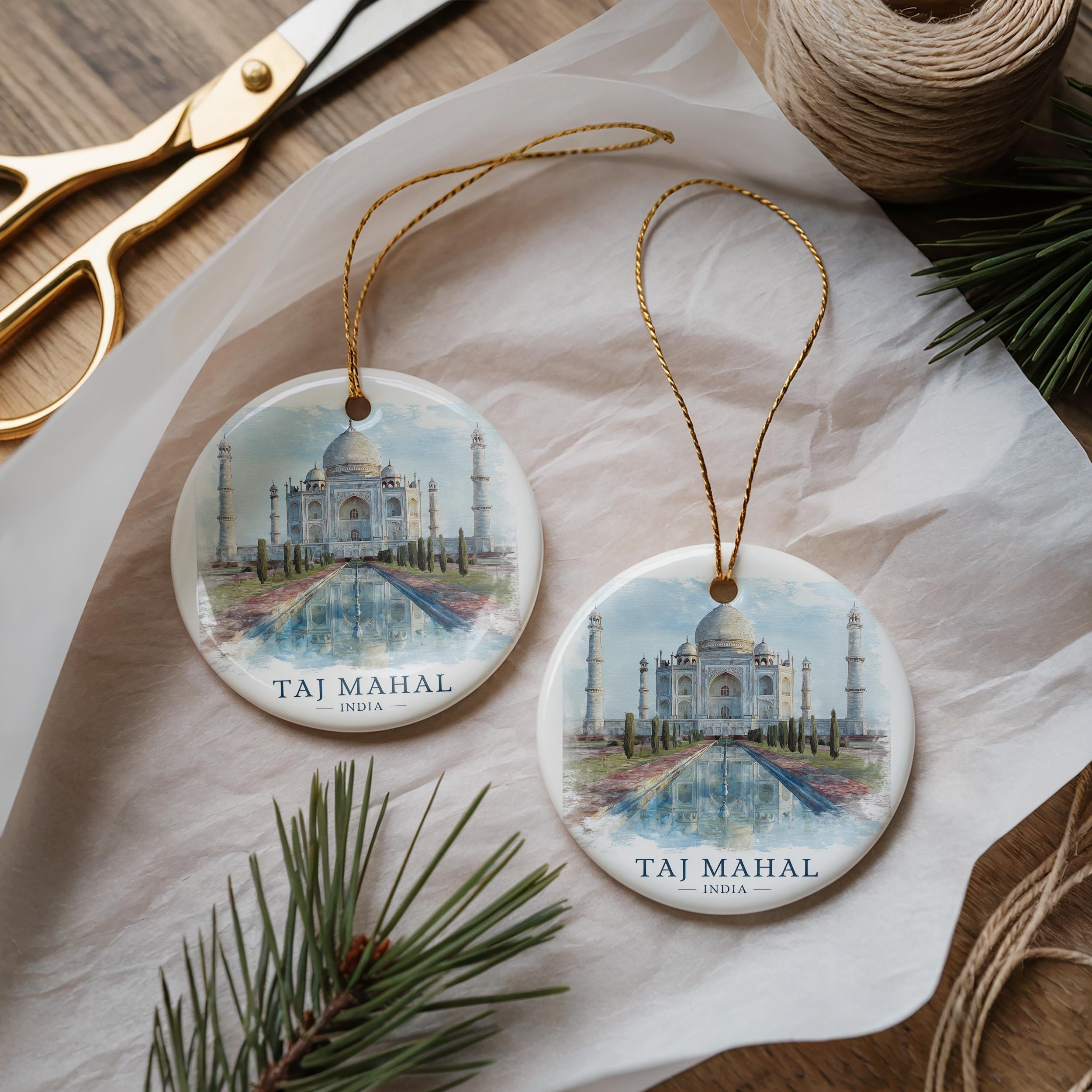 Taj Mahal India Personalized Watercolor Ornament, Custom Ceramic Christmas gift, Travel Keepsake