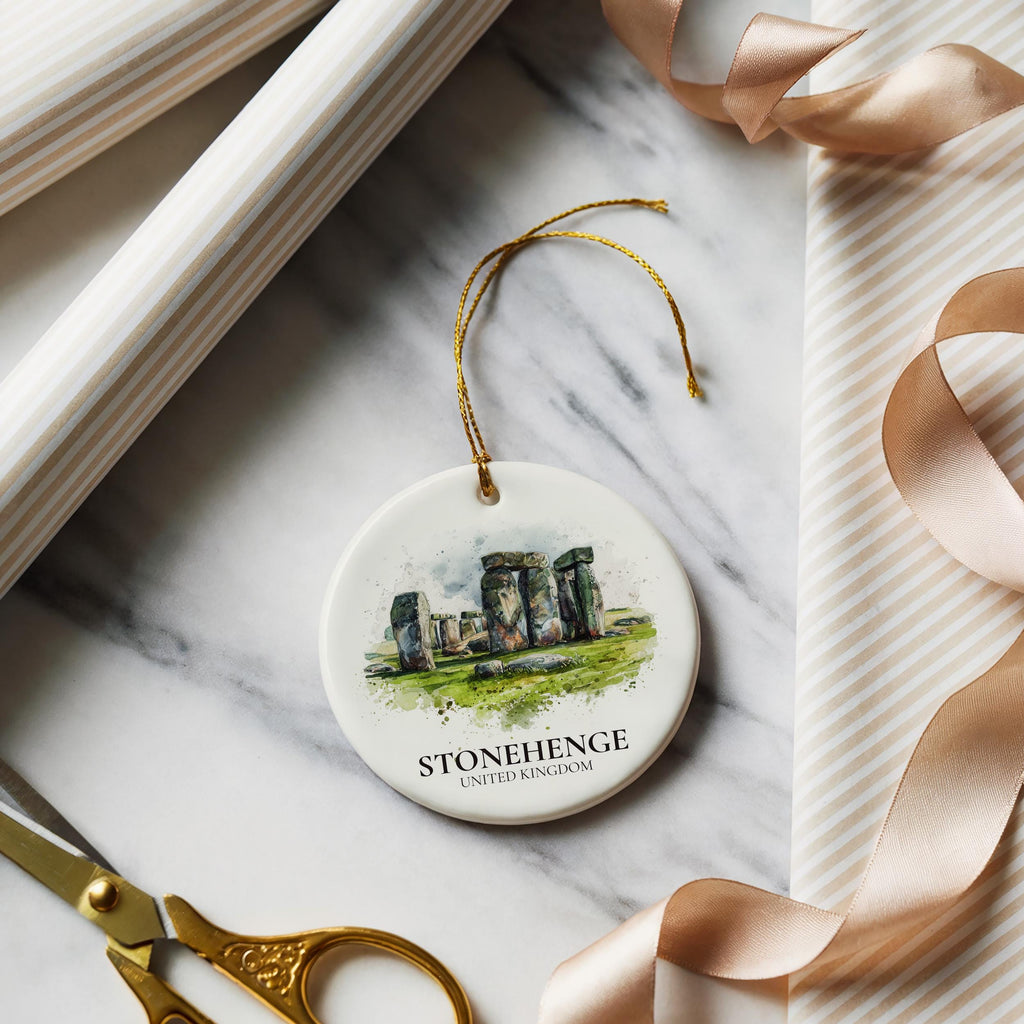 Stonehenge England Personalized Watercolor Ornament, Custom Ceramic Christmas gift, Travel Keepsake