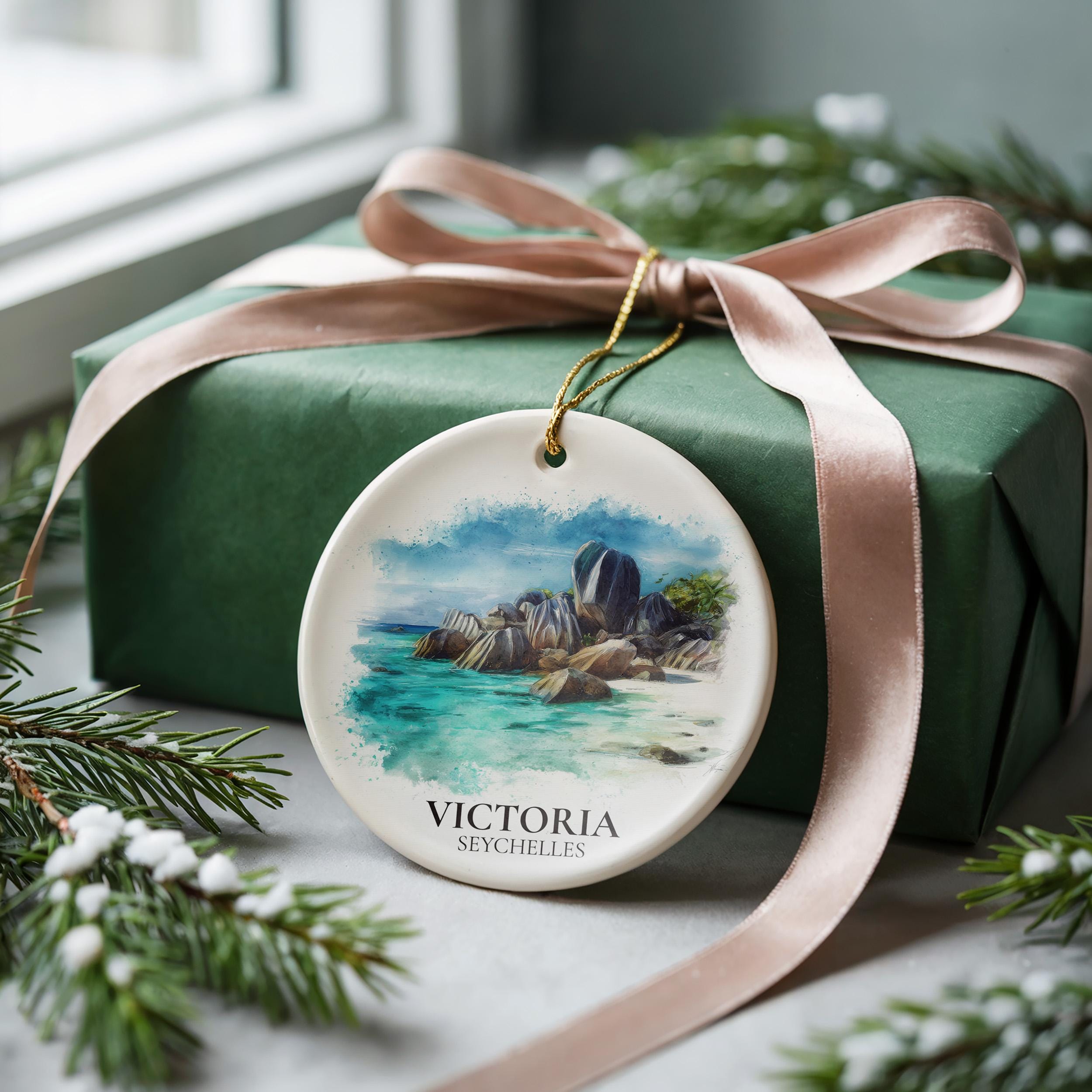 Victoria Seychelles Personalized Watercolor Ornament, Custom Ceramic Christmas gift, Travel Keepsake
