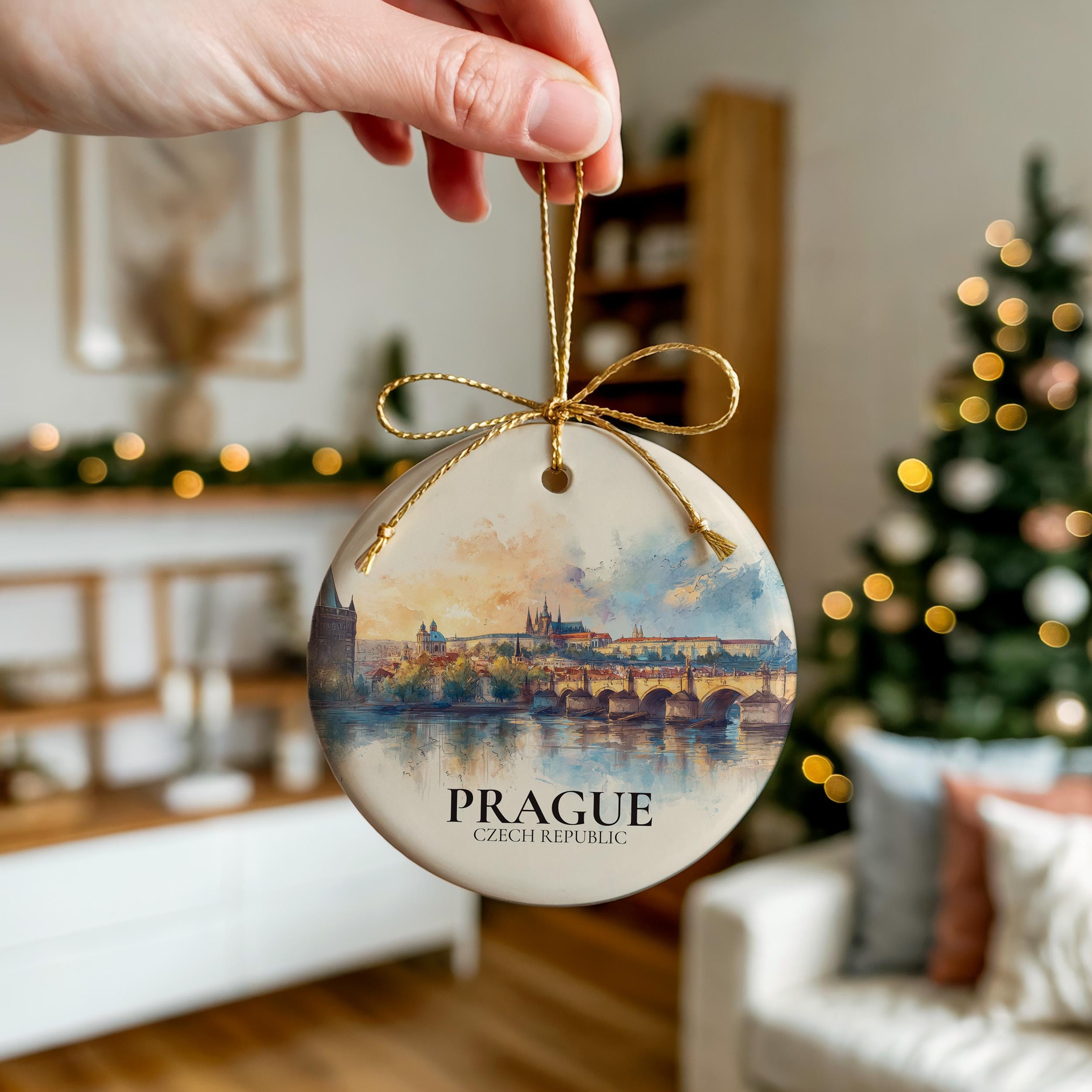 Prague Czech Republic Custom Watercolor Ornament, Personalized Ceramic Christmas gift, Travel Keepsake