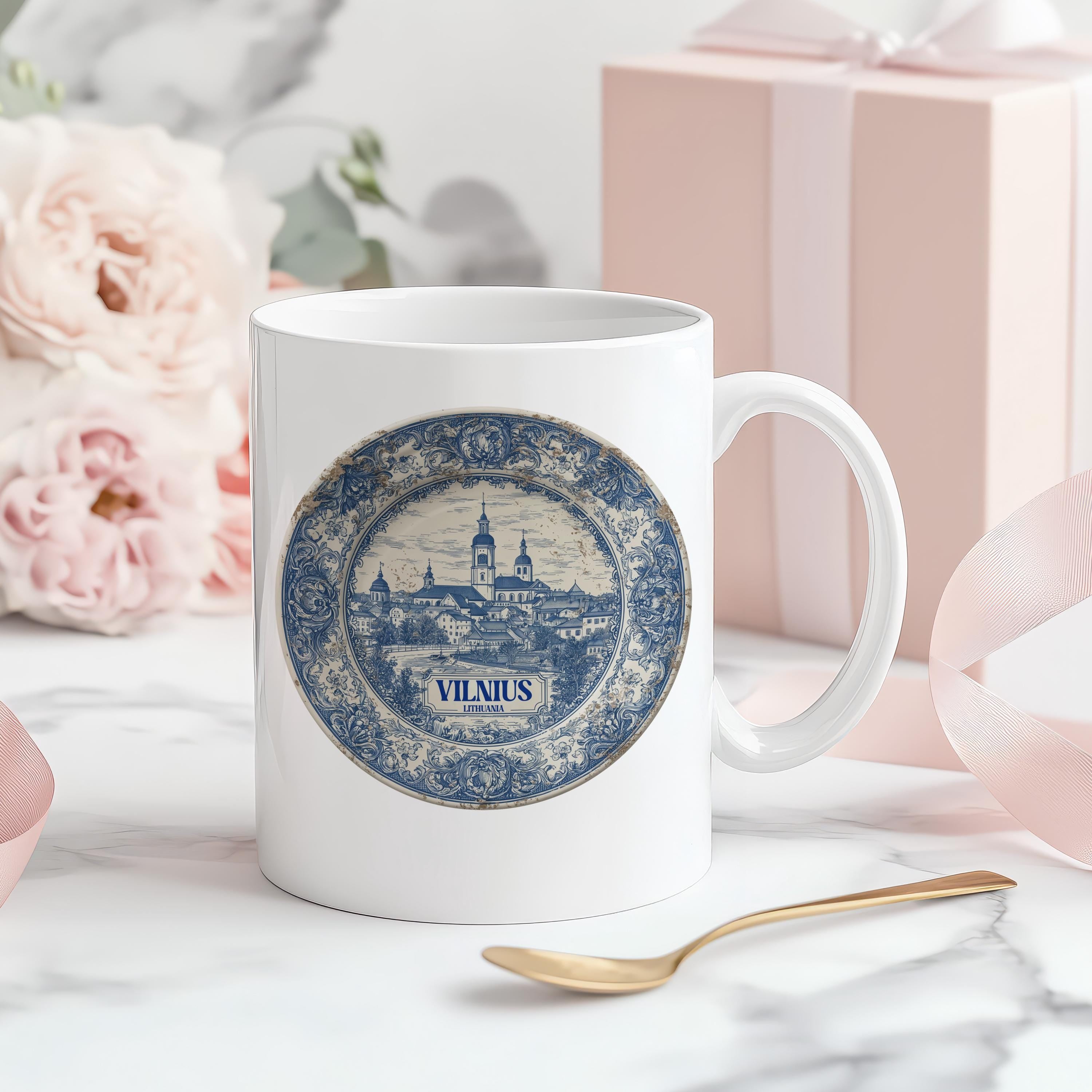Vilnius Lithuania Mug, Custom Delft Style cup, Personalized Vintage Travel City Gift