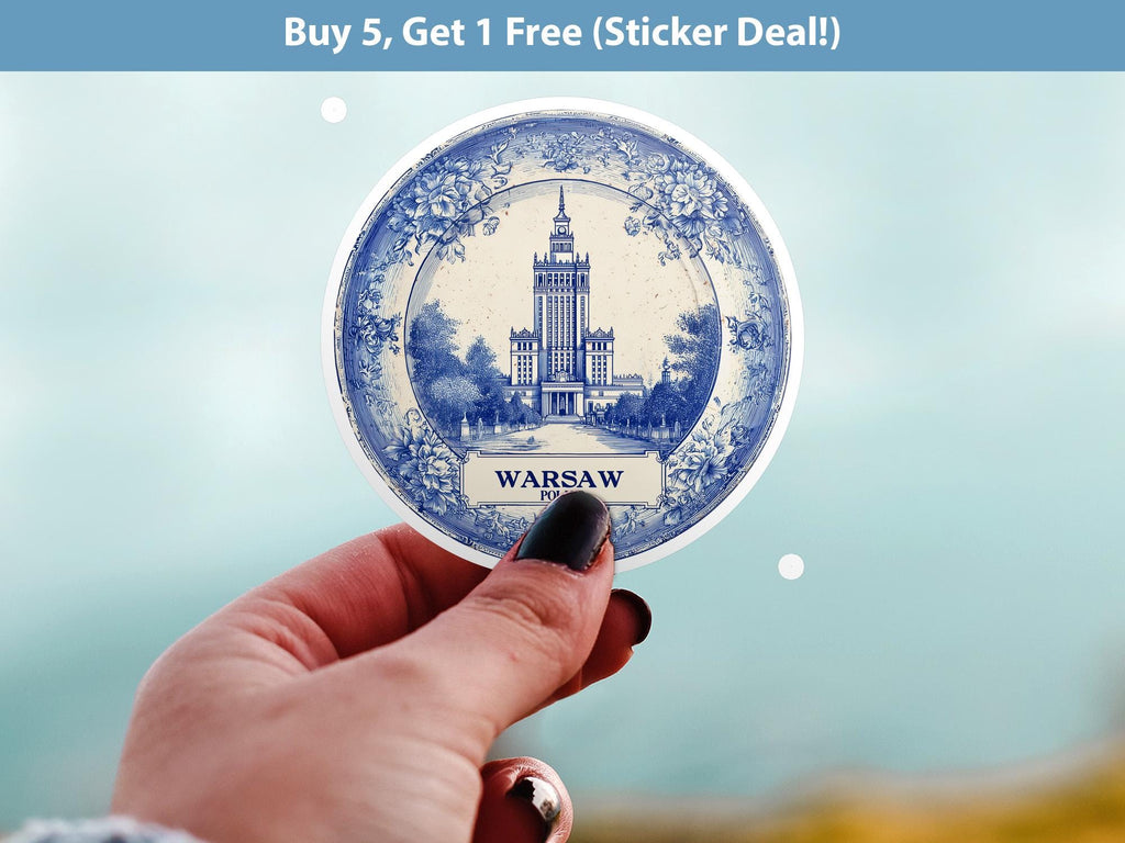 Warsaw Poland Sticker Vintage Delft style, Delftware Decal Waterproof Vinyl, Blue City Travel