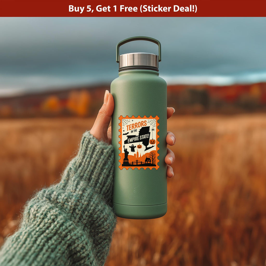 New York Stamp Halloween Sticker, Spooky USA Kiss-Cut Vinyl, Waterproof Decal, United States Travel