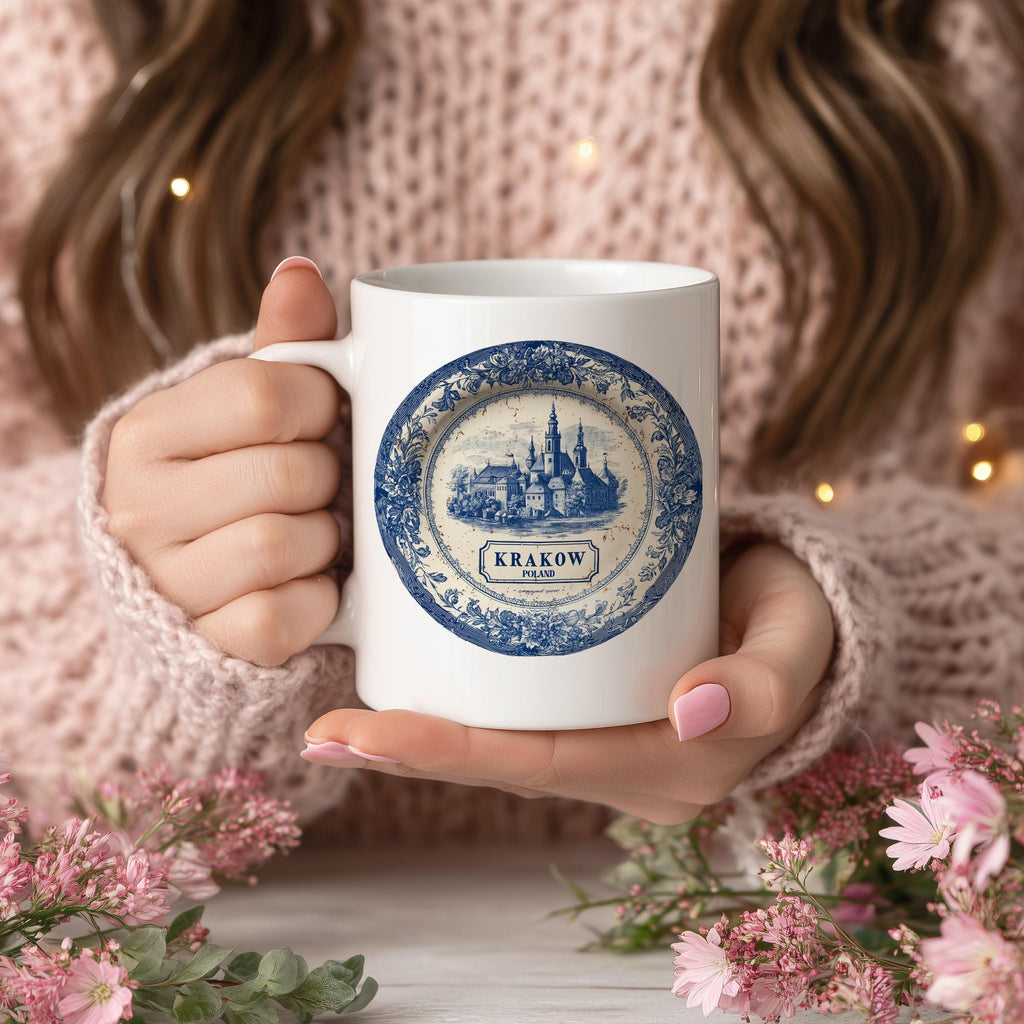 Krakow Poland Mug, Custom Delft Style cup, Personalized Vintage Travel City Gift