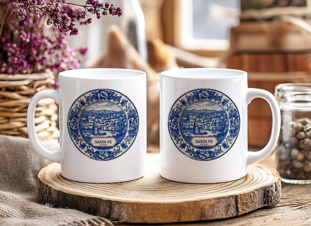Santa Fe New Mexico Mug, Custom Delft Style cup, Personalized Vintage Travel City Gift
