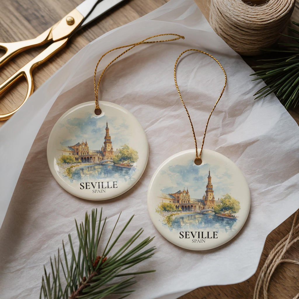 Seville Personalized Watercolor Ornament, SpainCustom Ceramic Christmas gift, Travel Keepsake