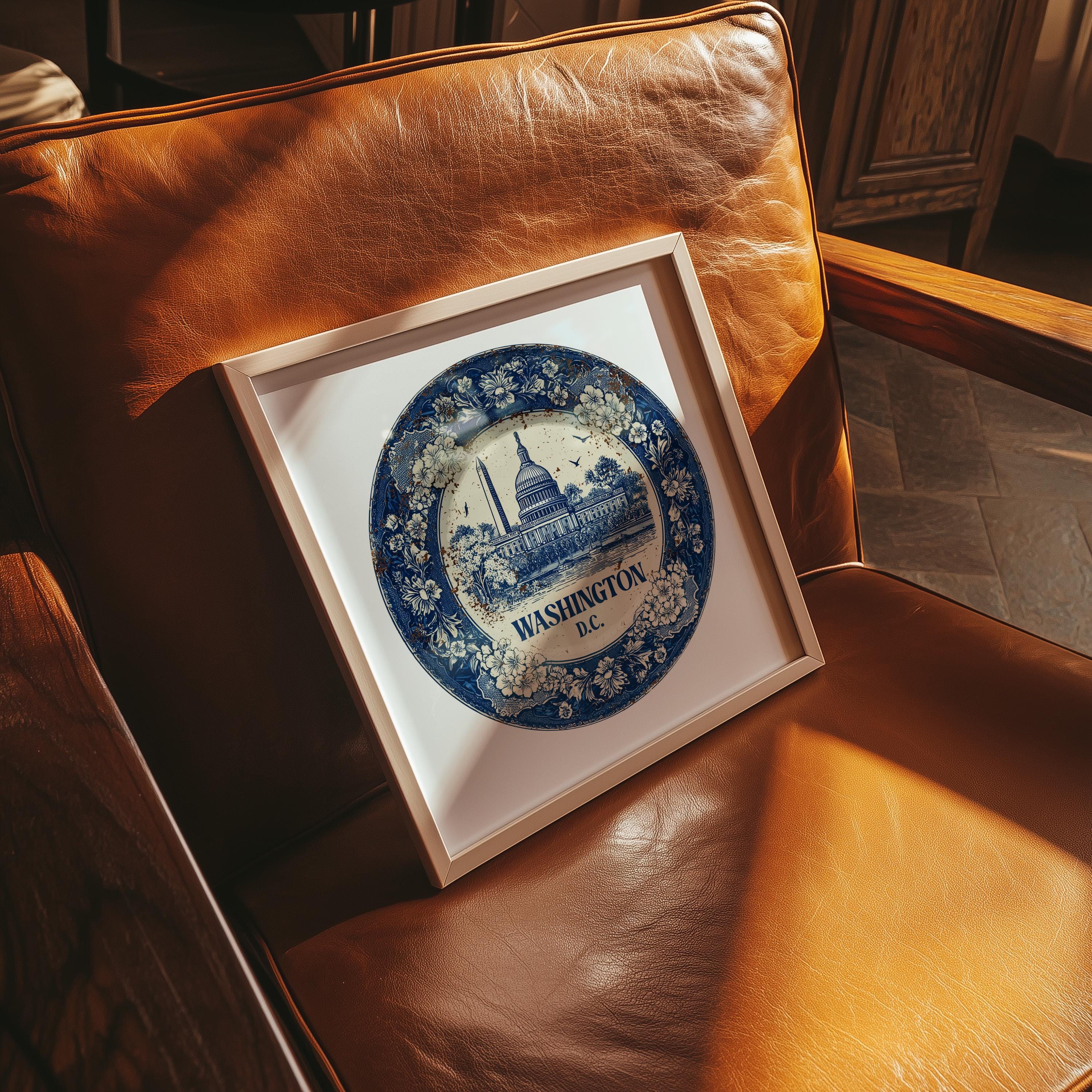 Washington DC Wall Art, Vintage Delft Blue Poster, City Print, Travel Home Decor