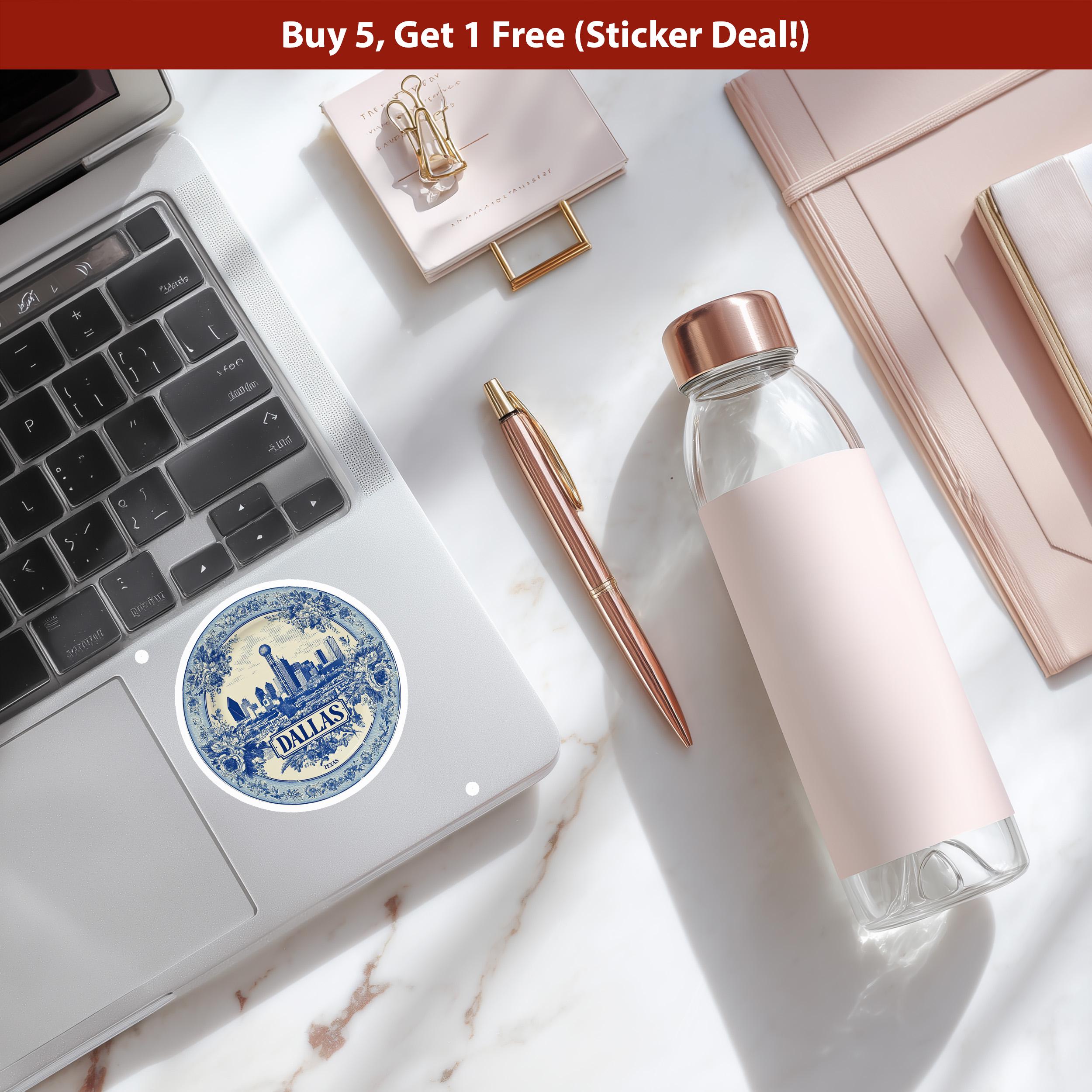Dallas Texas Sticker Vintage Delft style, Delftware Decal Waterproof Vinyl, Blue City Travel USA