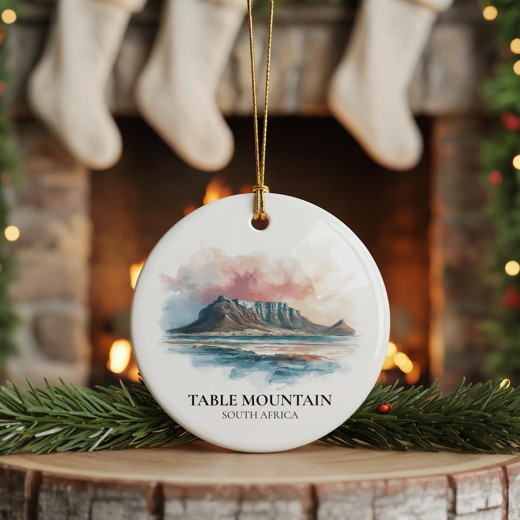Table Mountain South Africa Personalized Watercolor Ornament, Custom Ceramic Christmas gift, Travel Keepsake