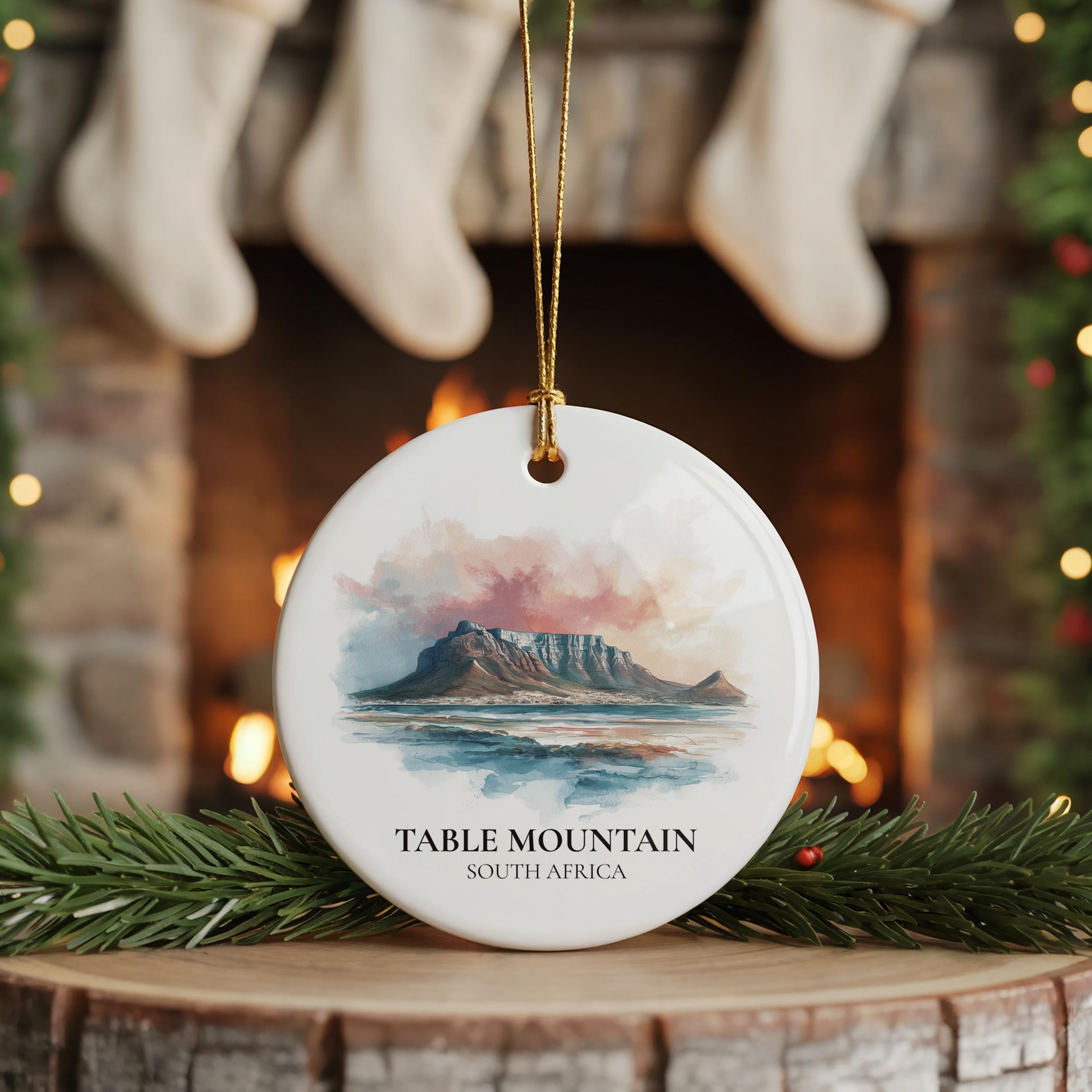 Table Mountain South Africa Personalized Watercolor Ornament, Custom Ceramic Christmas gift, Travel Keepsake