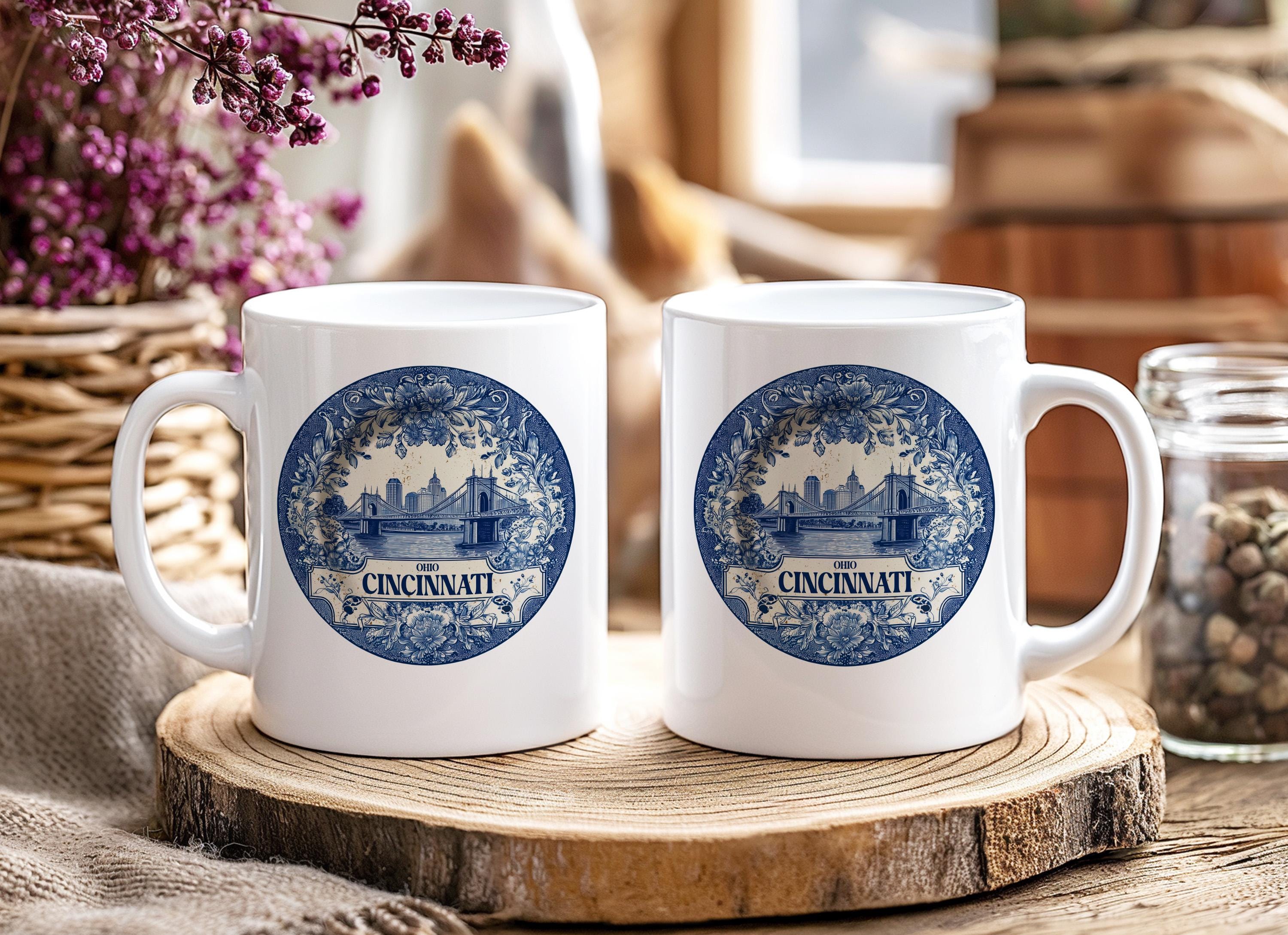 Cincinnati Ohio Mug, Custom Delft Style cup, Personalized Vintage Travel City Gift