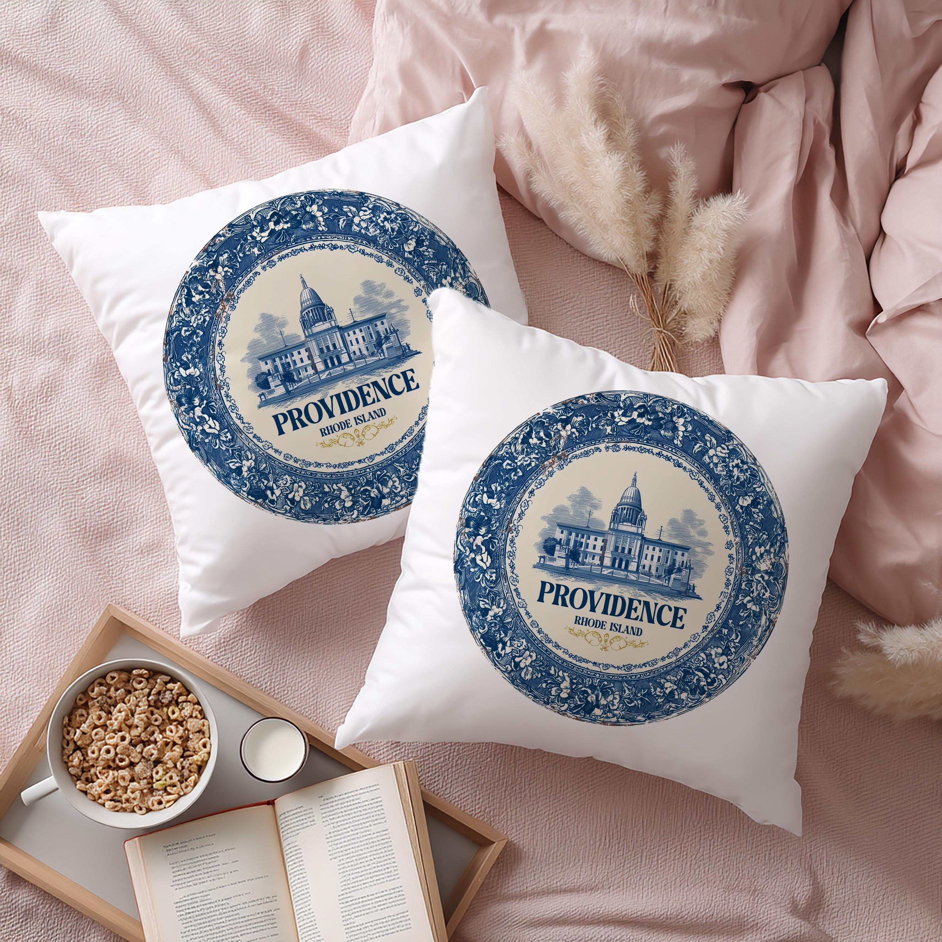 Providence Rhode Island Pillowcase, Delft Style Decorative Throw Pillow, Vintage Cityscape Retro Home Decor
