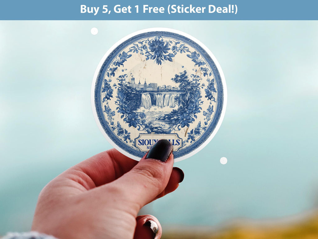 Sioux Falls South Dakota Sticker Vintage Delft style, Delftware Decal Waterproof Vinyl, Blue City Travel