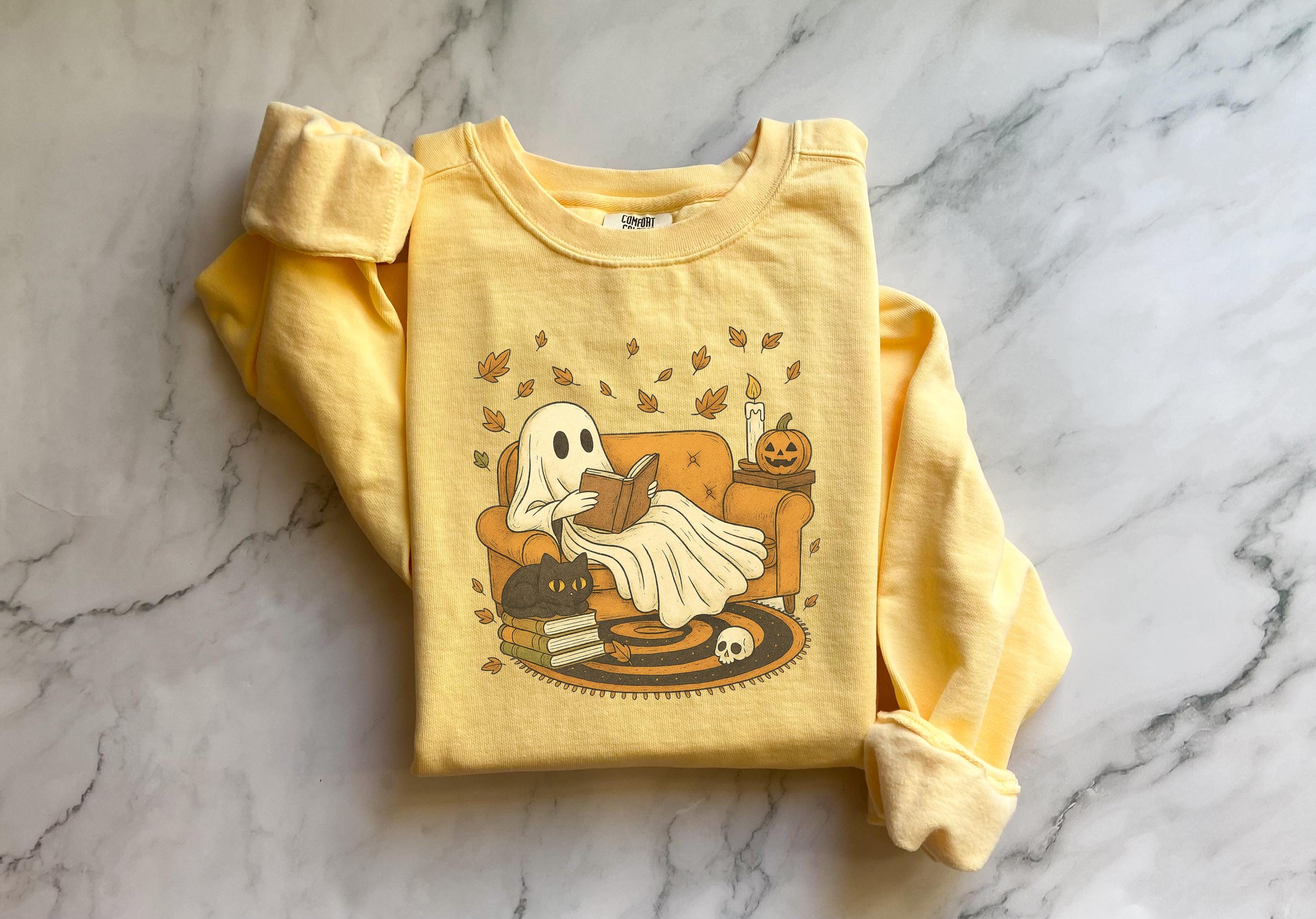 Retro Ghost reading book Halloween, Lazy Cute Halloween Spooky Season gift for her, Boo School, gift for her, him
