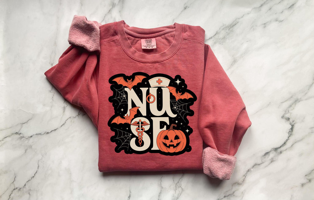 Halloween Nurse Comfort Colors Sweatshirt, Spooky RN Crewneck Pullover, Pumpkin Bat Ghost Print, Fall Nurse Gift Outfit