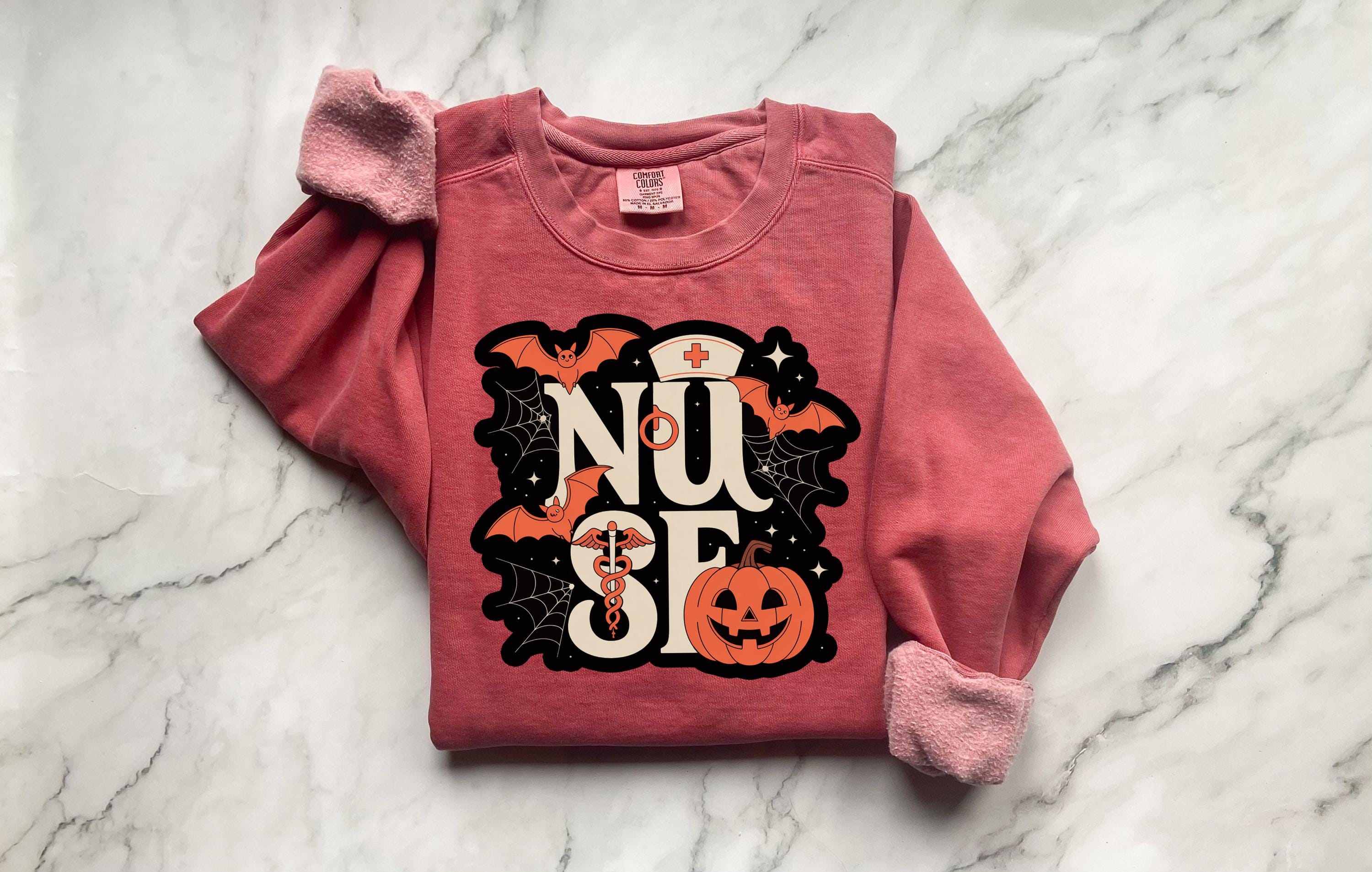 Halloween Nurse Comfort Colors Sweatshirt, Spooky RN Crewneck Pullover, Pumpkin Bat Ghost Print, Fall Nurse Gift Outfit