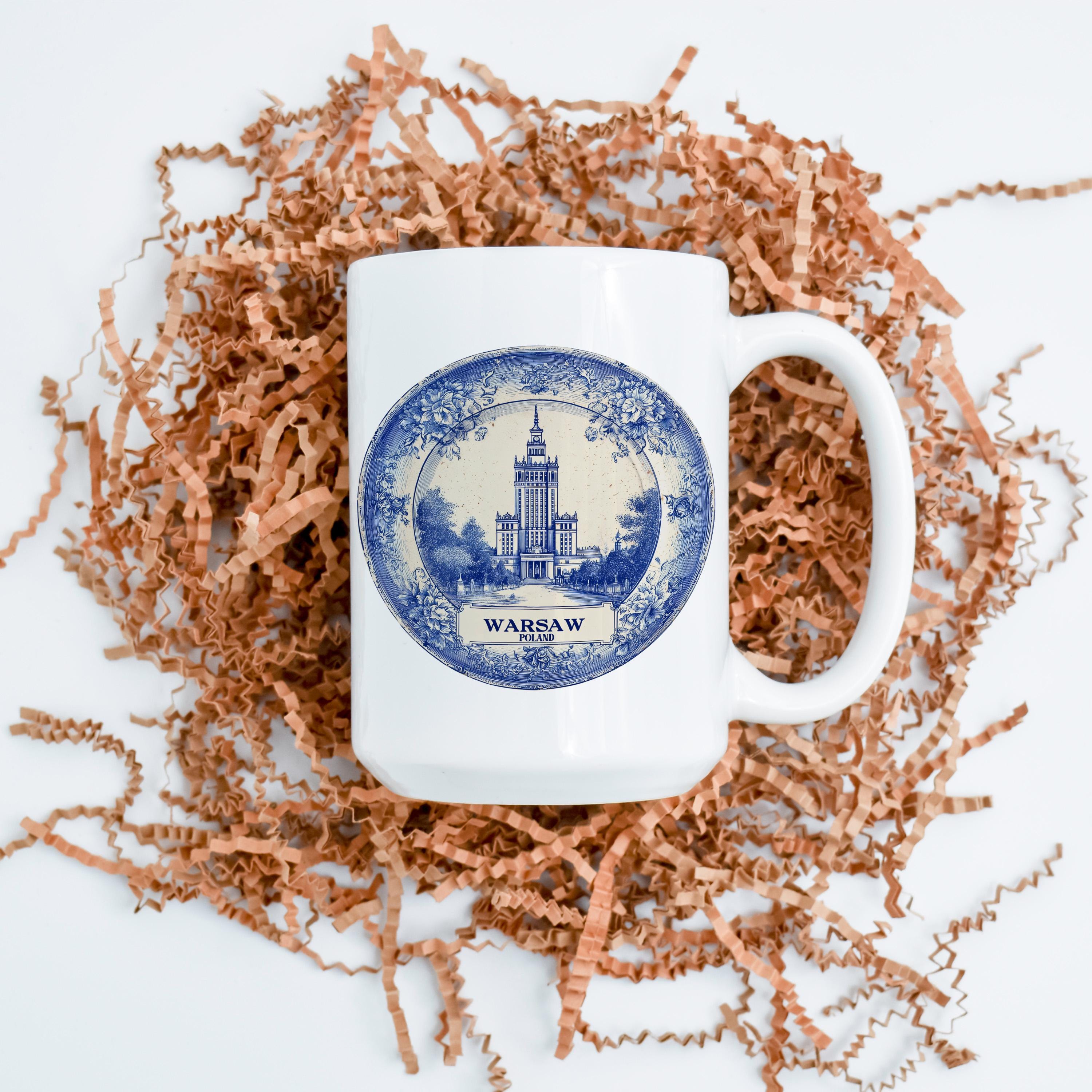 Warsaw Poland Mug, Custom Delft Style cup, Personalized Vintage Travel City Gift
