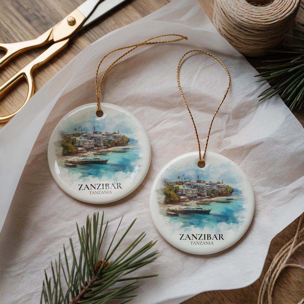 Zanzibar Tanzania Personalized Watercolor Ornament, Custom Ceramic Christmas gift, Travel Keepsake
