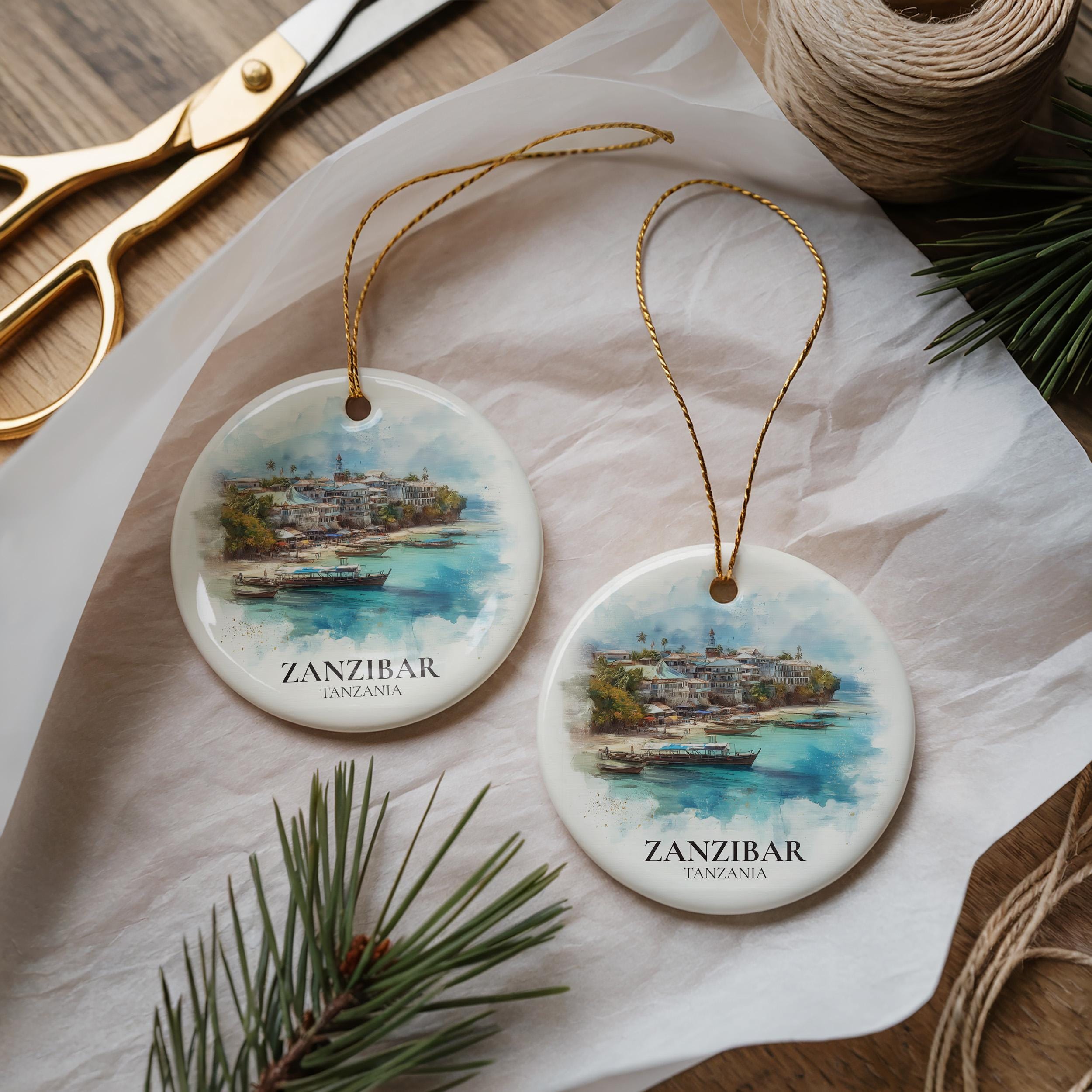 Zanzibar Tanzania Personalized Watercolor Ornament, Custom Ceramic Christmas gift, Travel Keepsake