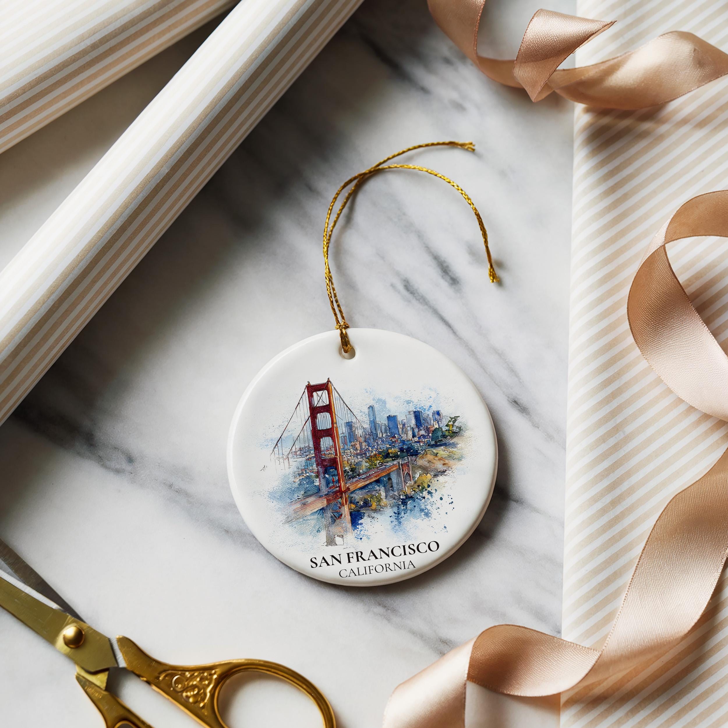 San Francisco California Personalized Watercolor Ornament, Custom Ceramic Christmas gift, Travel Keepsake