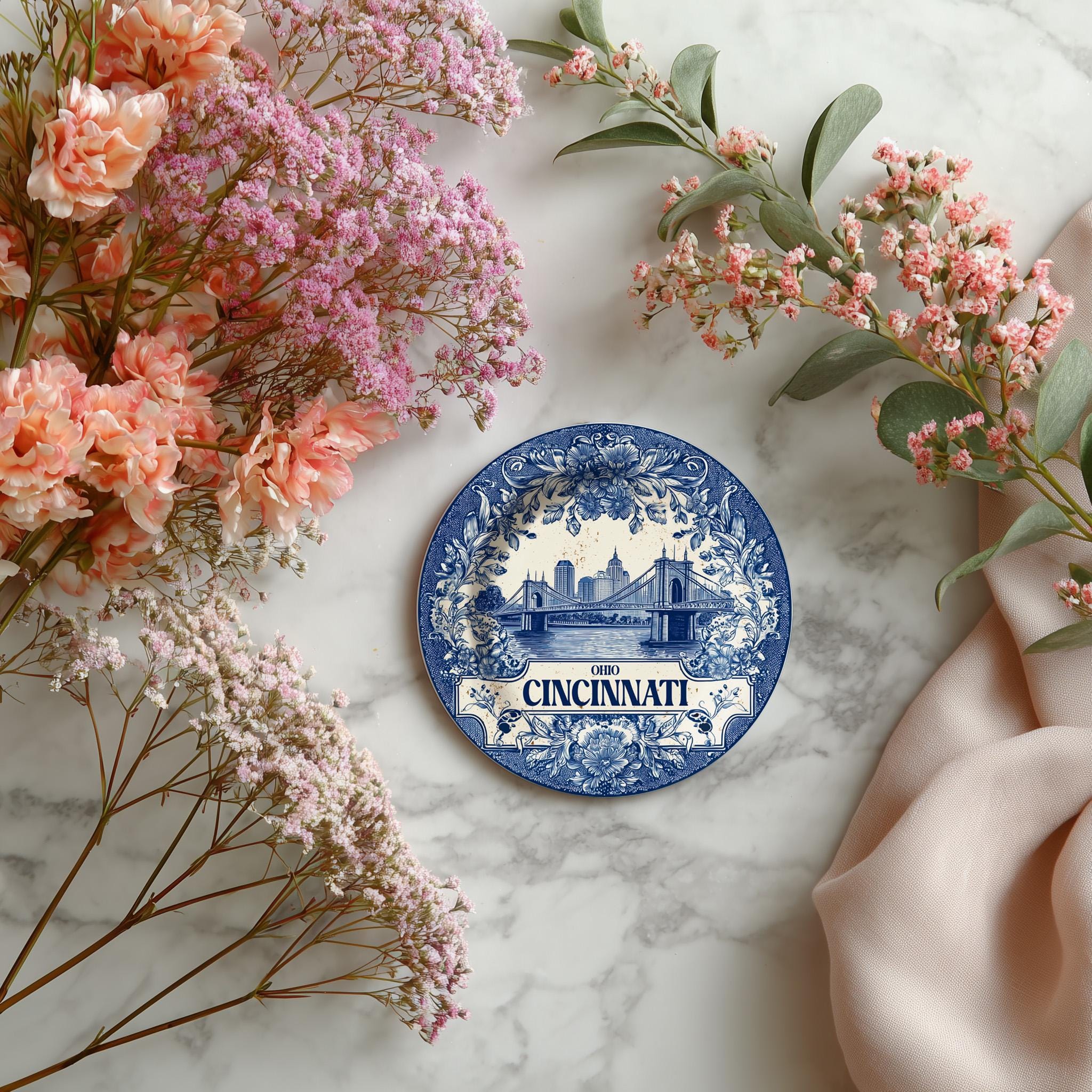 Cincinnati Ohio Delftware Ceramic Coaster, Blue White Travel Gift, Vintage Home Decor Collectible