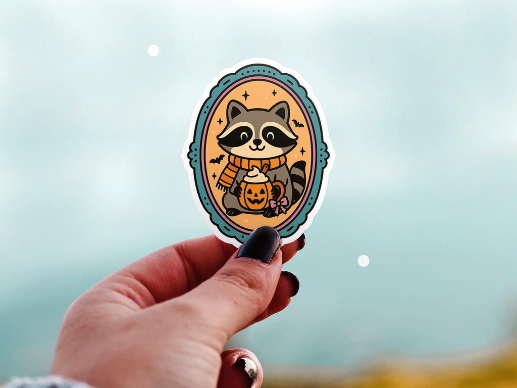 Cute Raccoon Halloween sticker Pumpkin Spice, Kiss-Cut Vinyl, Waterproof Decal