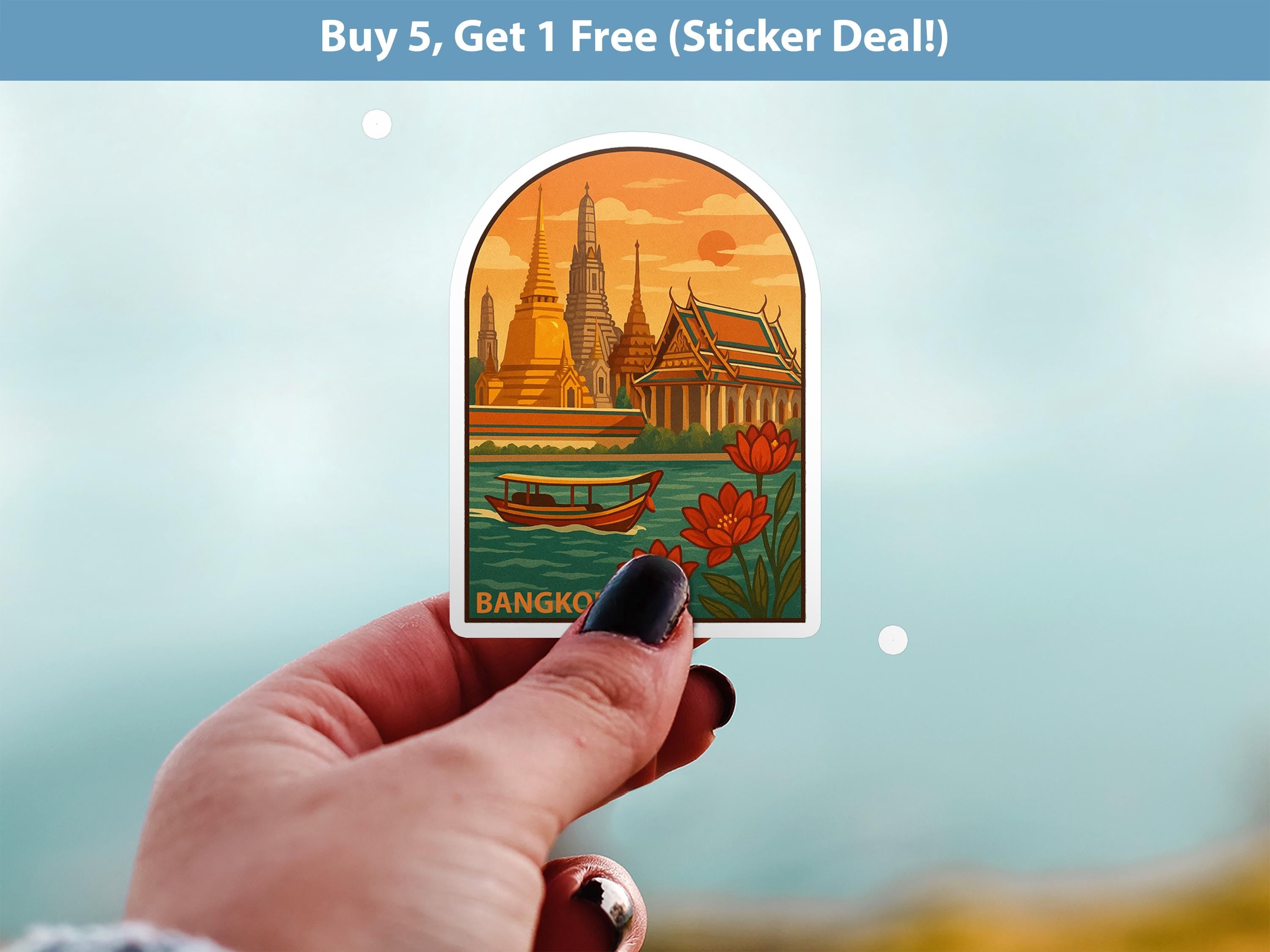 Bangkok Thailand Sticker, Vintage City Vinyl Decal, Retro Travel Lover Collection, Journal Scrapbook