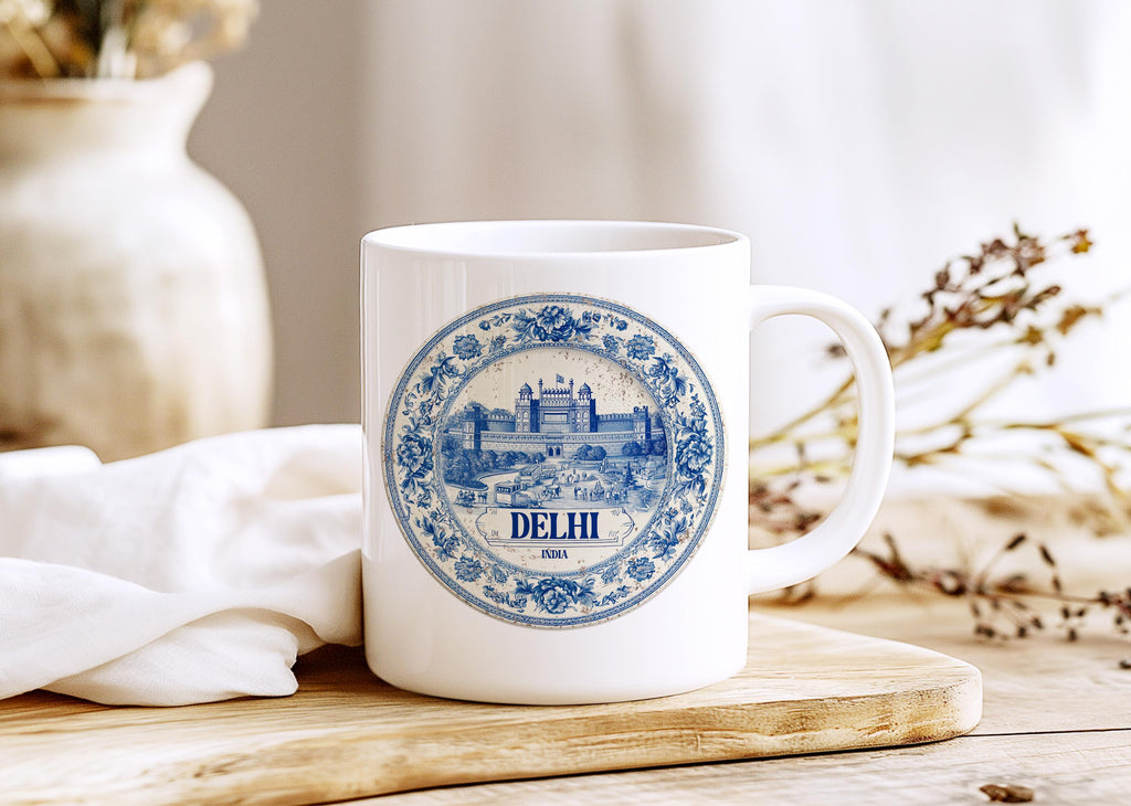 Delhi India Mug, Custom Delft Style cup, Personalized Vintage Travel City Gift