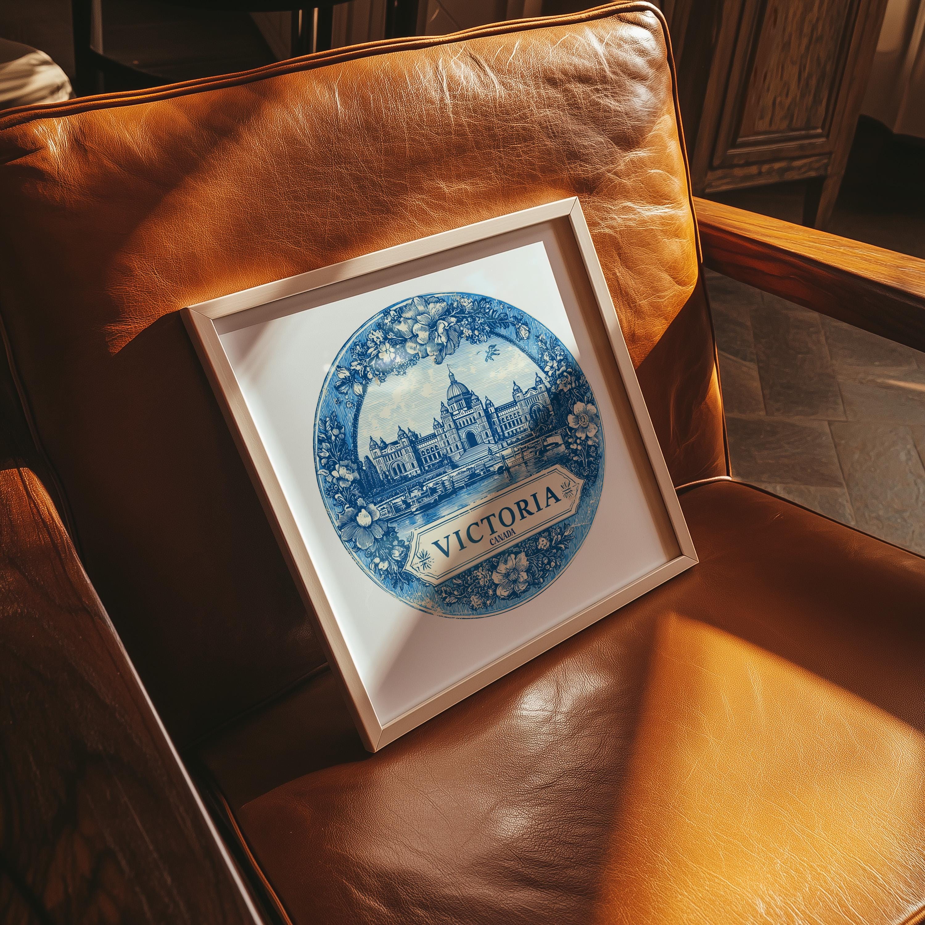 Victoria Canada Wall Art, Vintage Delft Blue Poster, City Print, Travel Home Decor