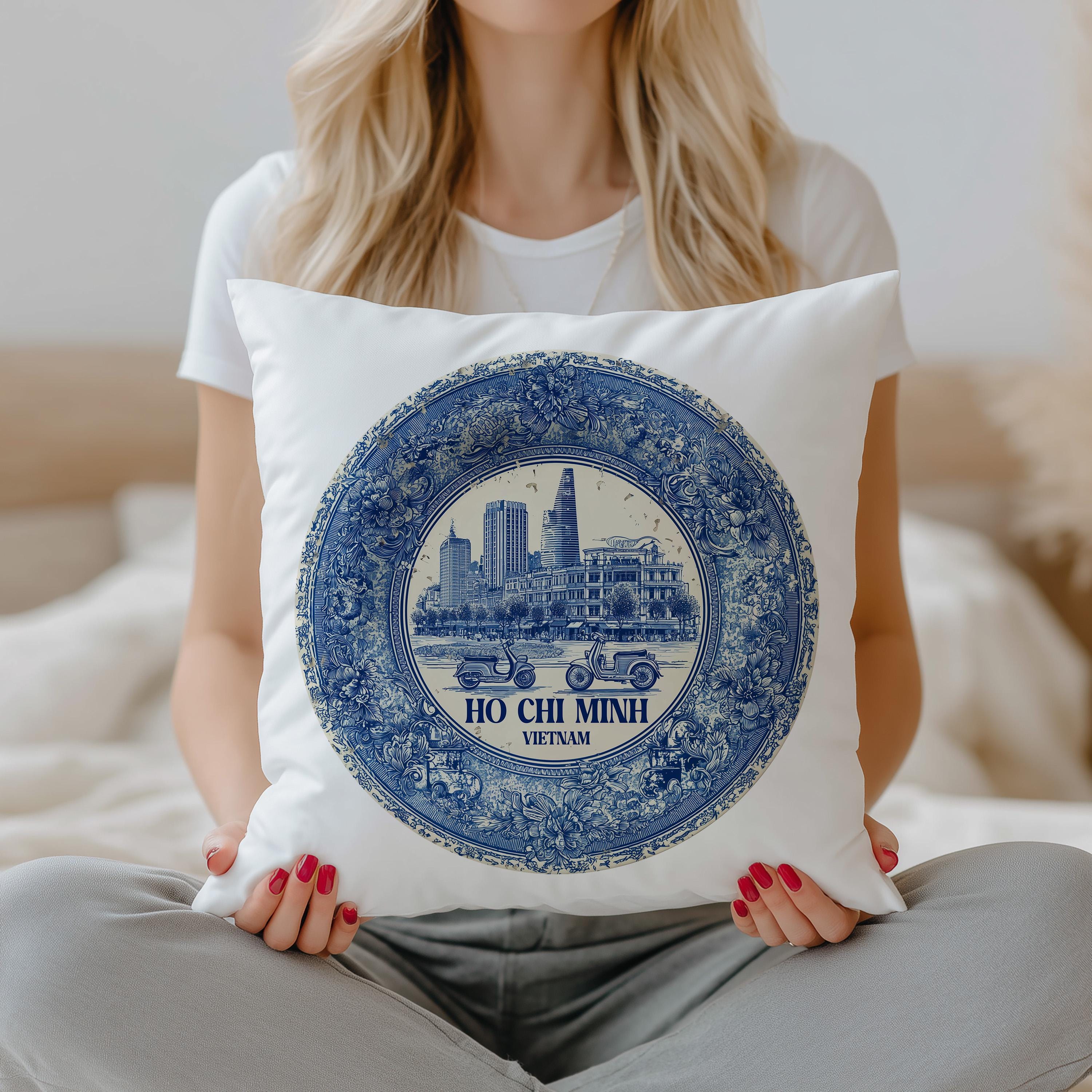 Ho Chi Minh City Vietnam Pillowcase, Delft Style Decorative Throw Pillow, Vintage Cityscape Retro Home Decor