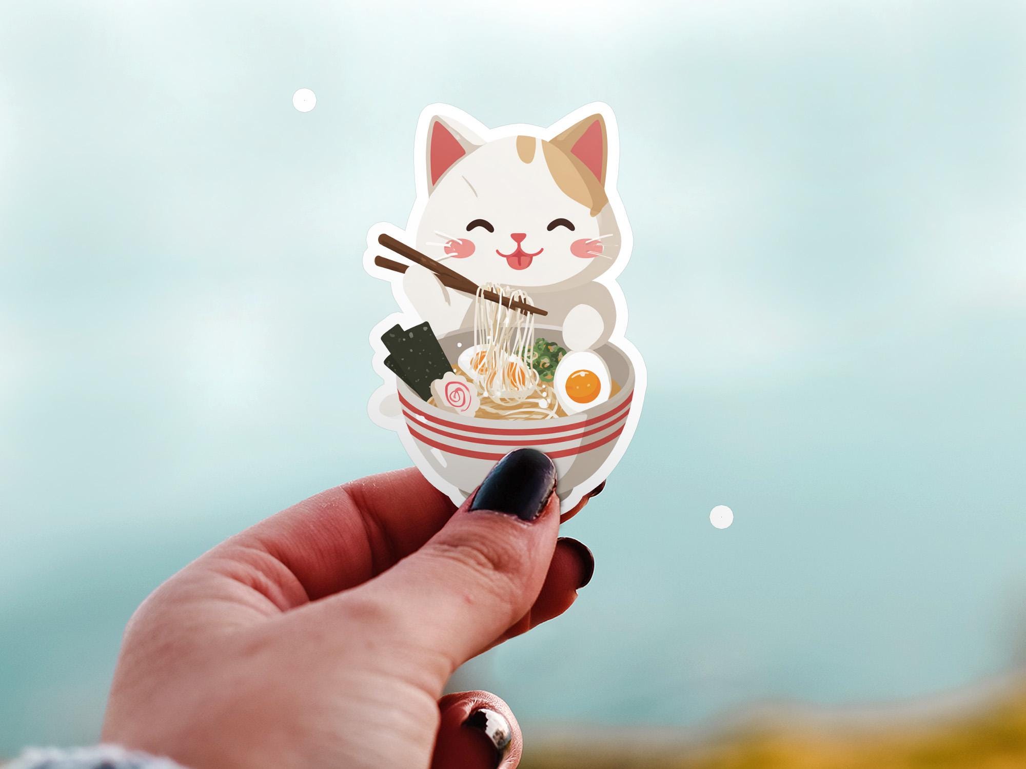 Kawaii Cat Ramen Sticker: Waterproof Vinyl Decal for Laptop & Tumbler