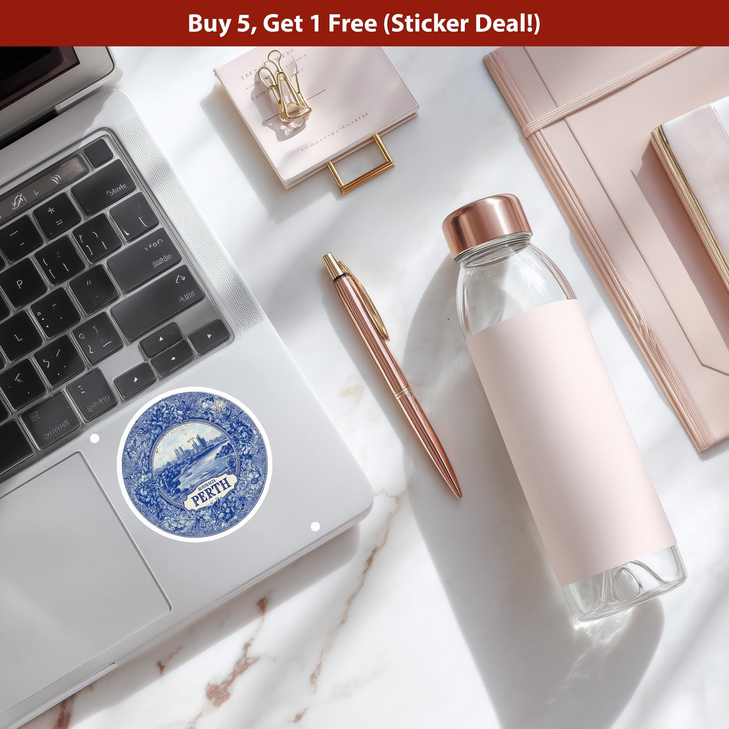 Perth Australia Sticker Vintage Delft style, Delftware Decal Waterproof Vinyl, Blue City Travel