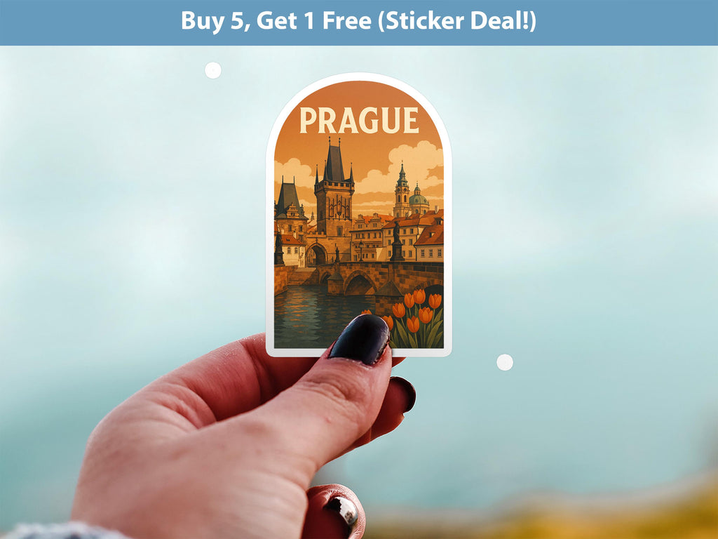 Prague Sticker Czech Republic, Vintage City Vinyl Decal, Retro Travel Lover Collection, Journal Scrapbook