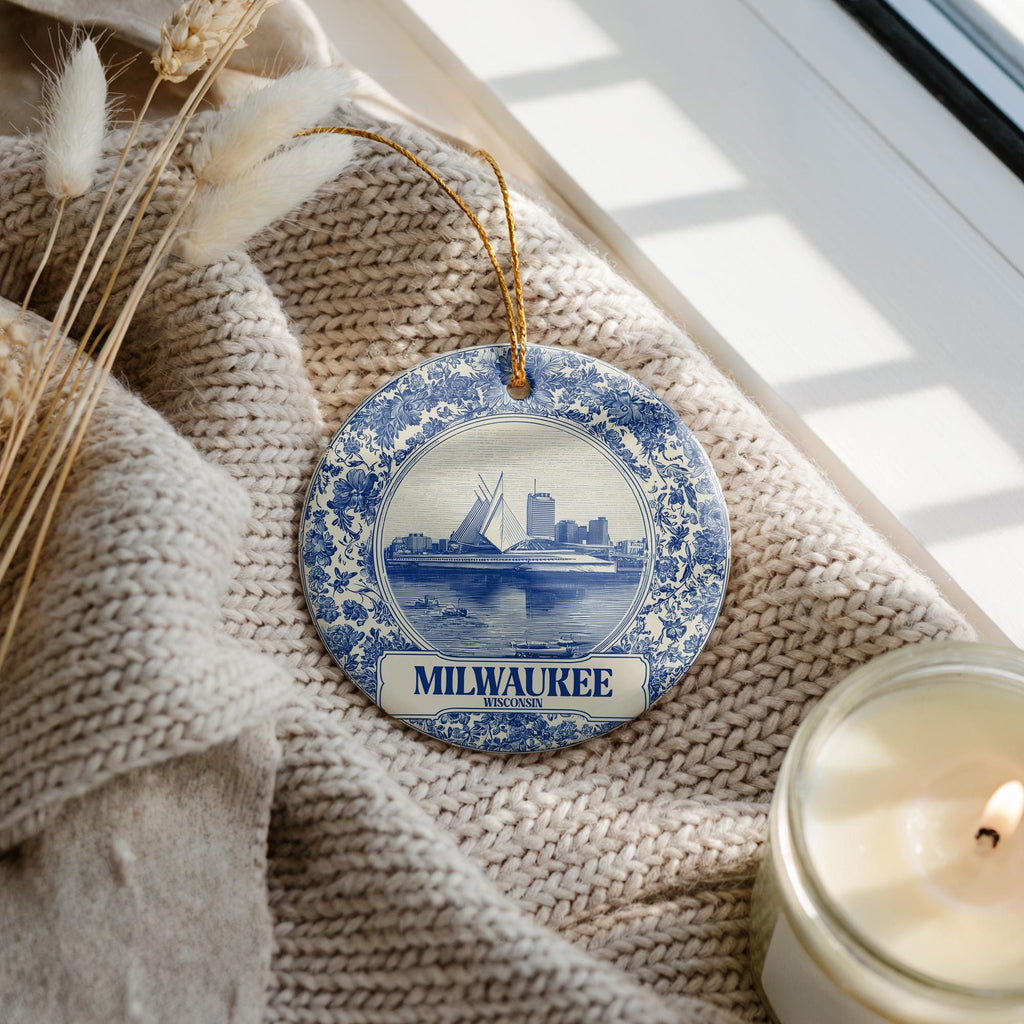 Custom Milwaukee Wisconsin Ceramic Delft Ornament, Christmas Delftware Blue Delftware city travel