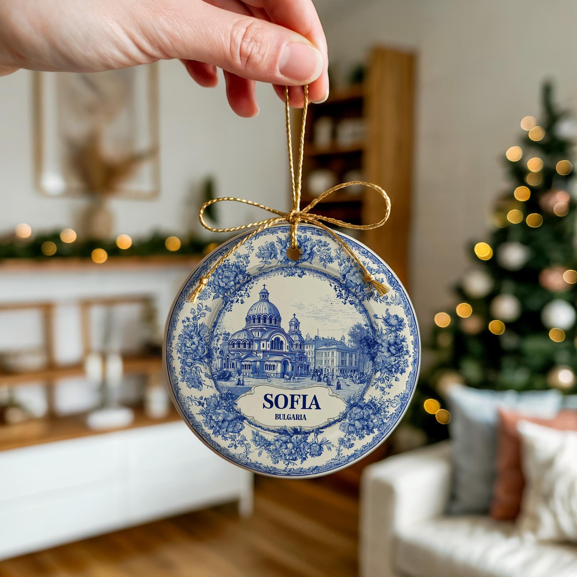 Custom Sofia Bulgaria Ceramic Delft Ornament, Christmas Delftware Blue Delftware city travel