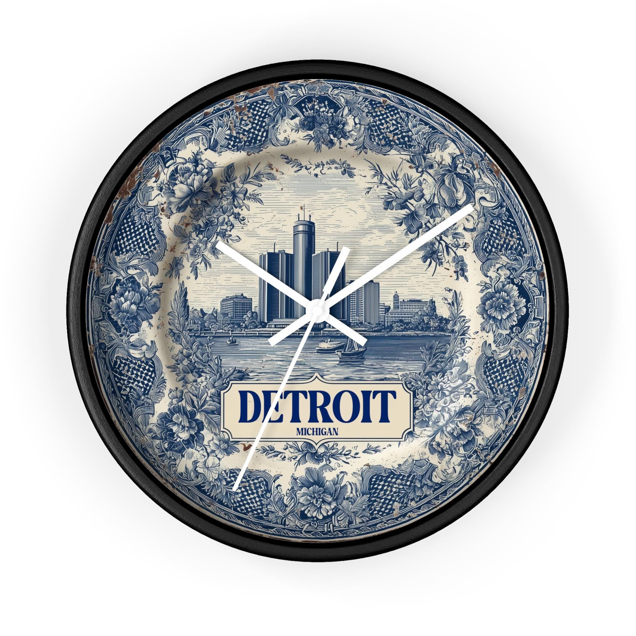 Detroit Michigan Wall Clock, Delf style Home Decor, Vintage City Travel Keepsake Art