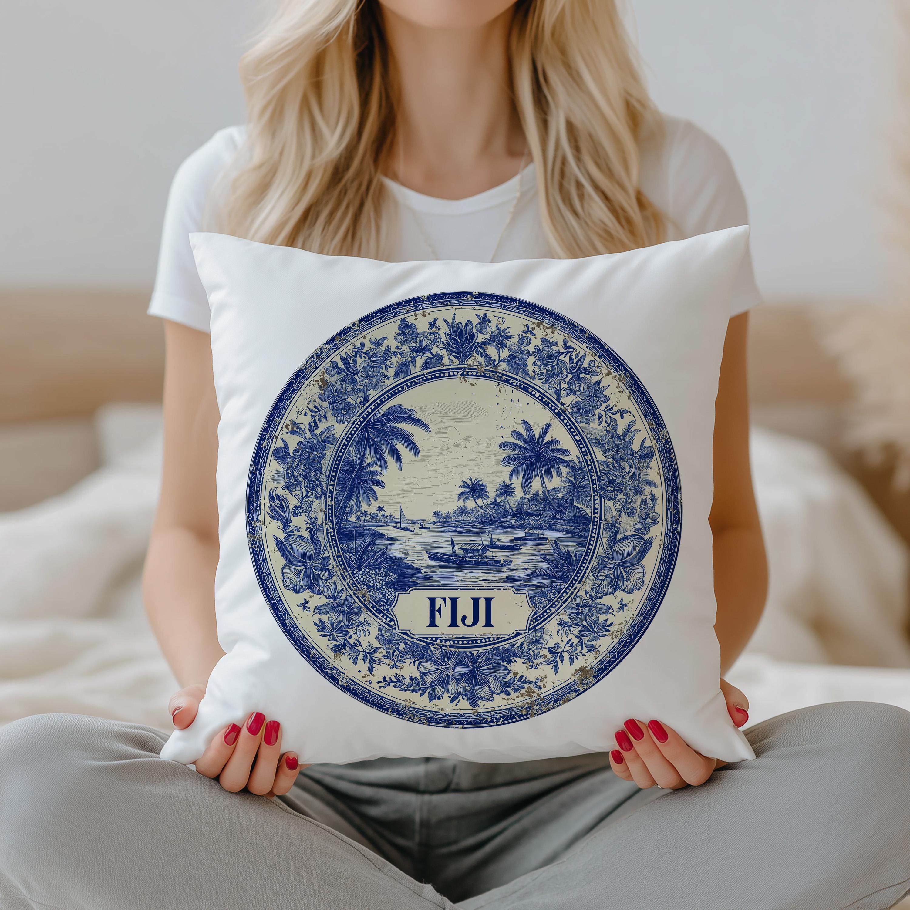 Fiji Pillowcase, Delft Style Decorative Throw Pillow, Vintage Cityscape Retro Home Decor