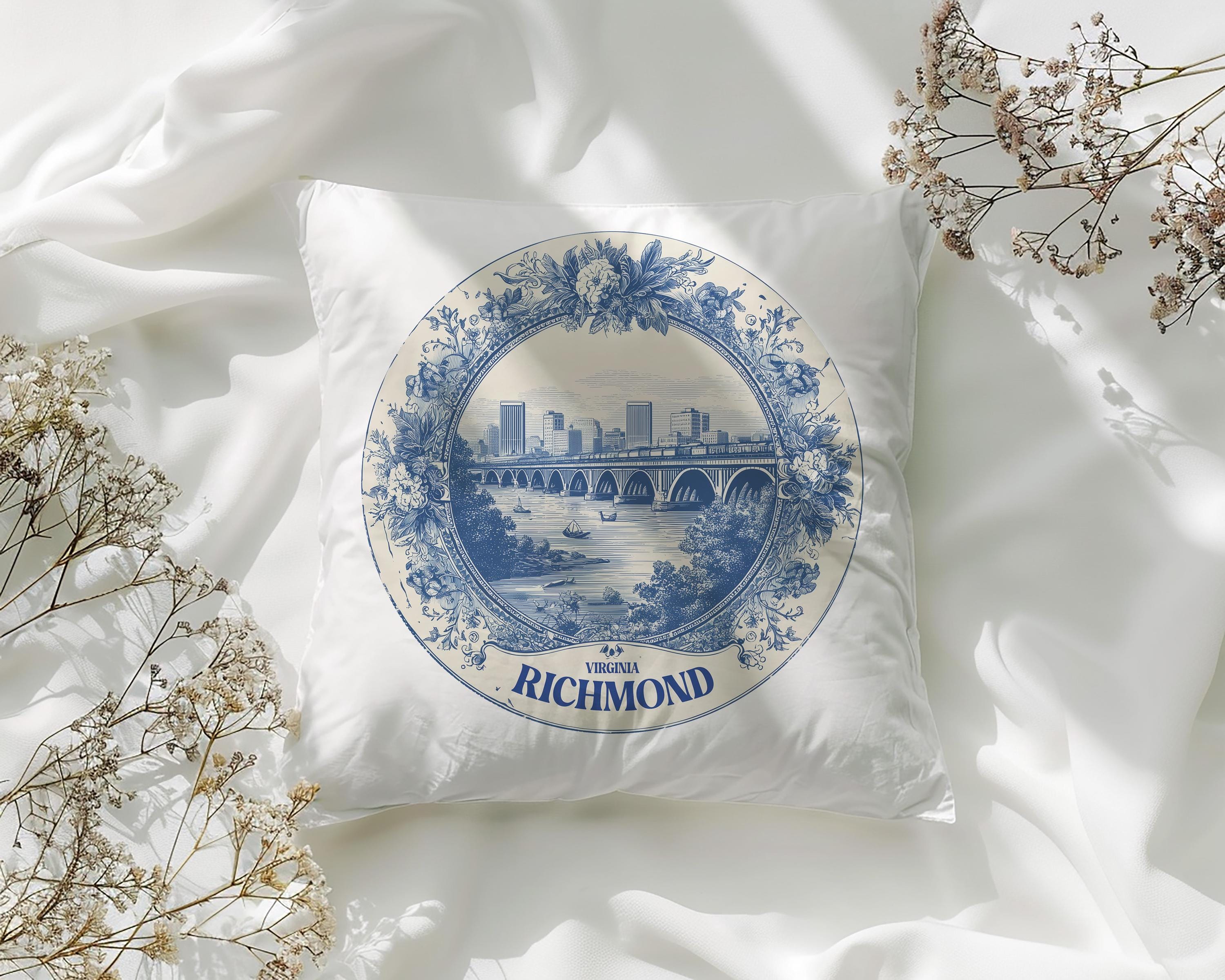 Richmond Virginia Pillowcase, Delft Style Decorative Throw Pillow, Vintage Cityscape Retro Home Decor