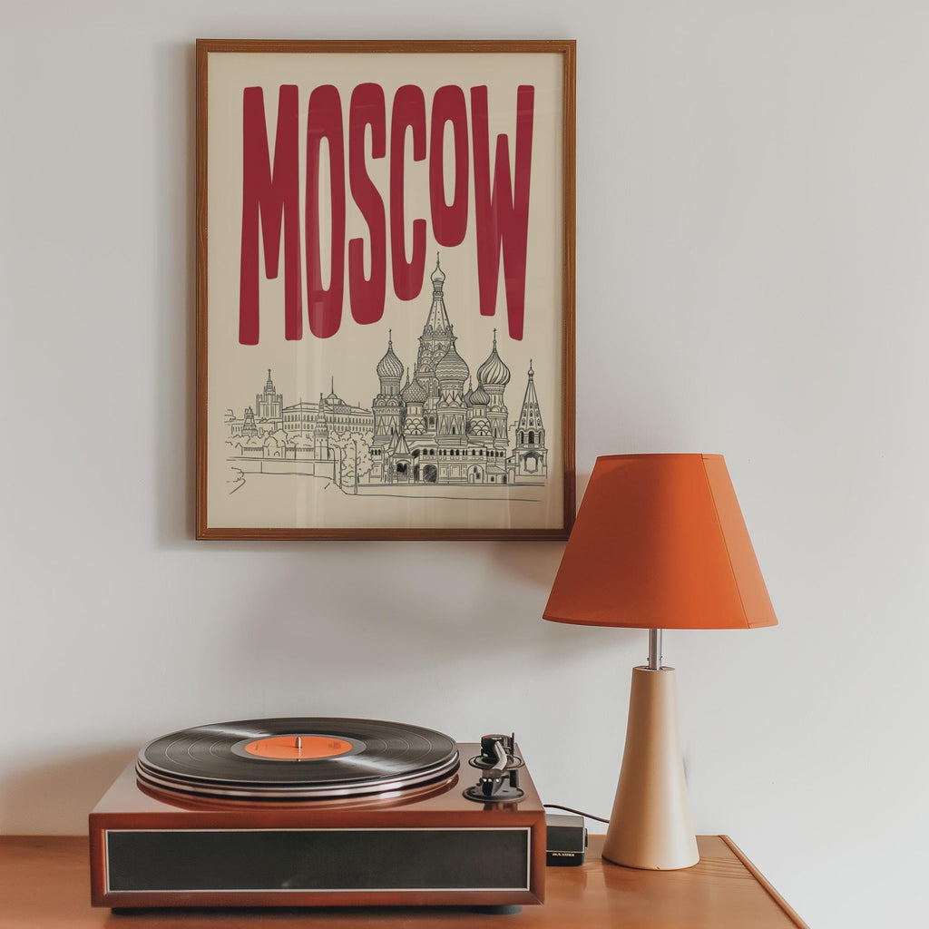 Moscow Skyline Wall Art, Framed Canvas Print, Retro Travel Poster Decor